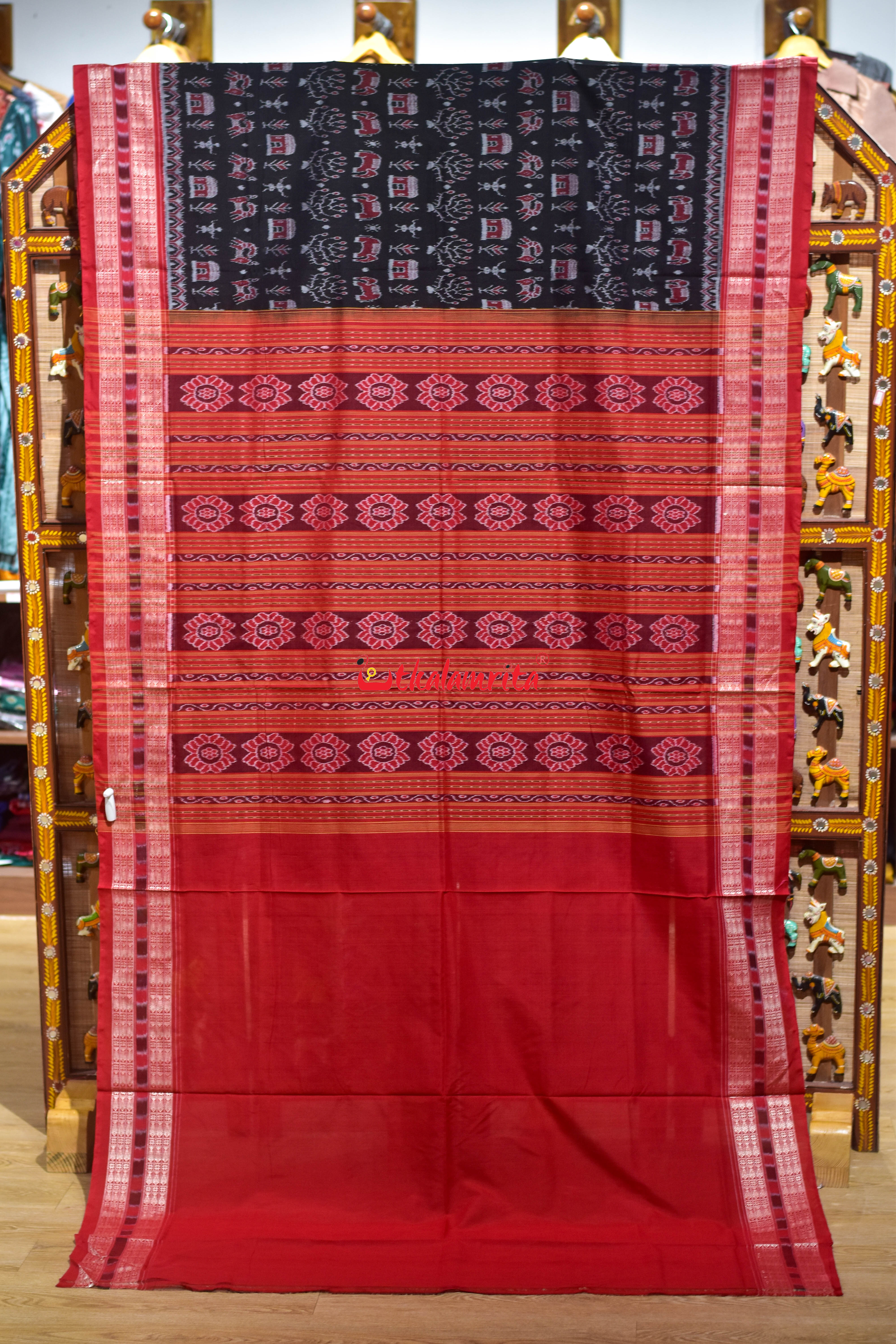 Black Red House Tribal Sambalpuri Cotton Saree