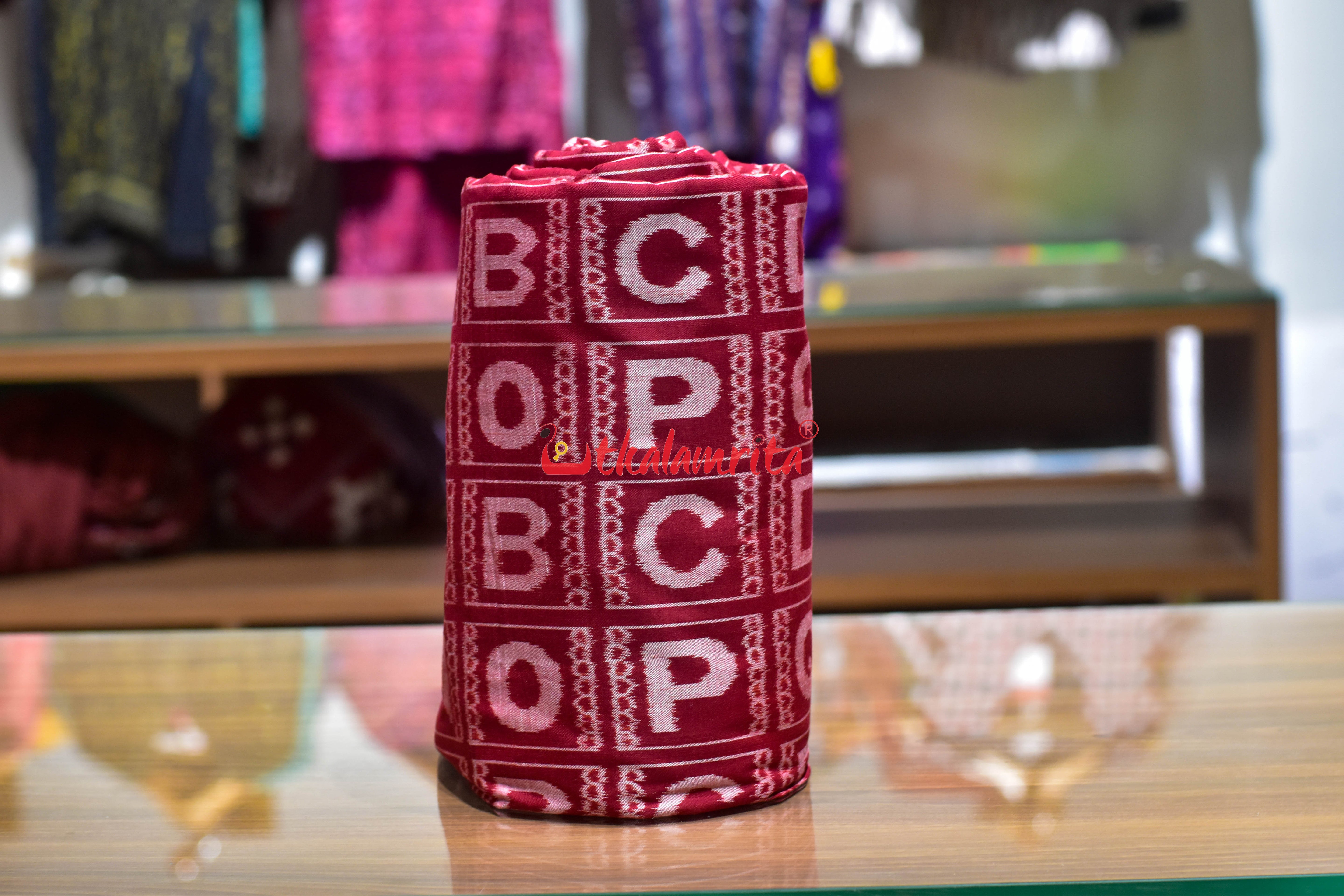 Maroon English Kothi Alphabets Cotton (Fabric)