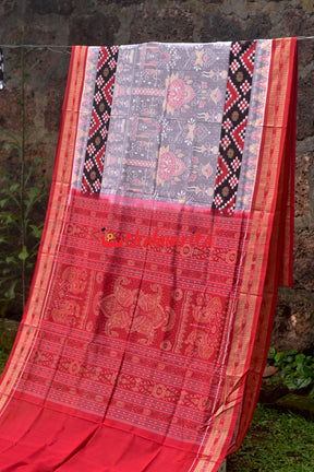 Grey Tribal Phuldani Pasapali Border Sambalpuri Cotton Saree