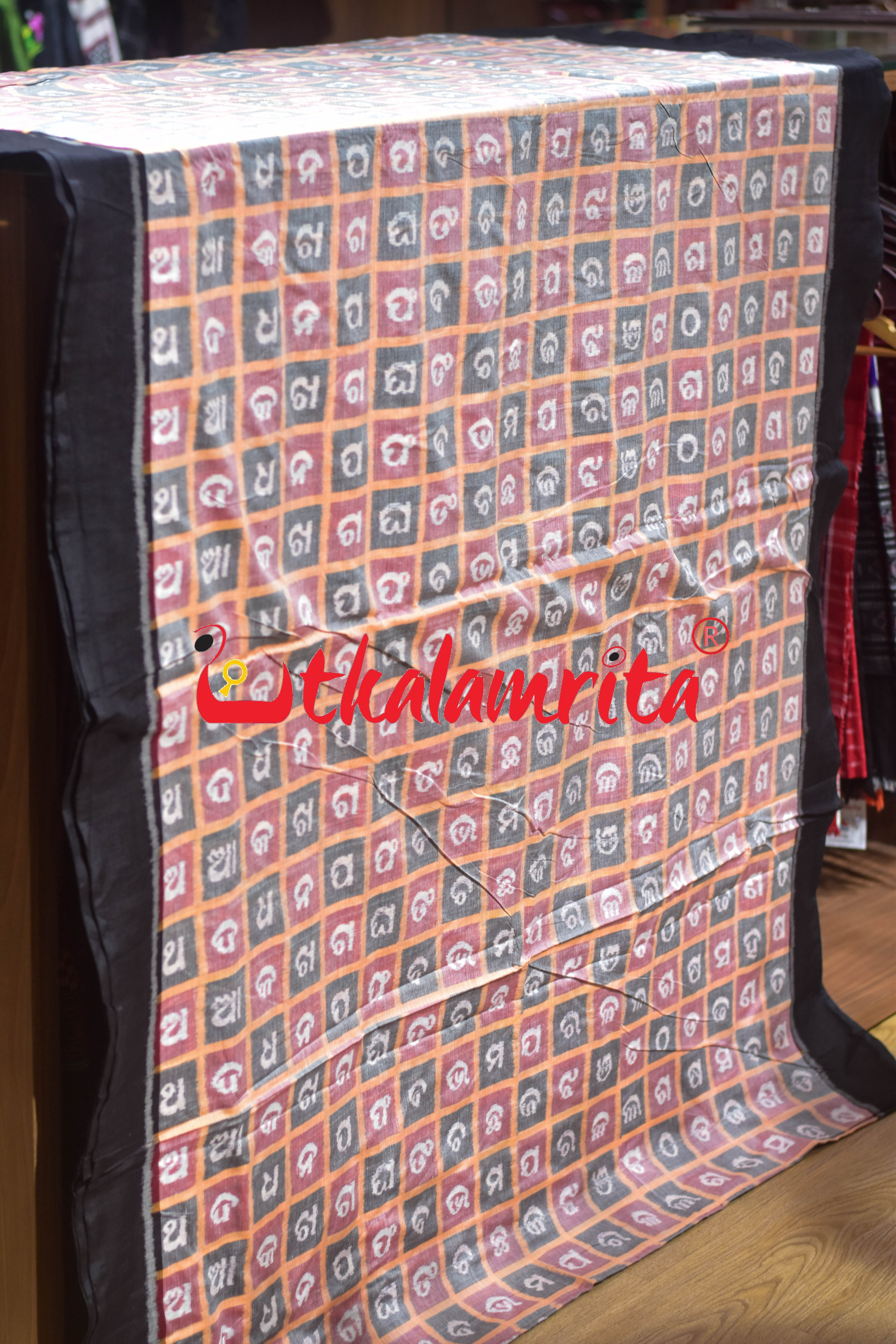 Grey Red Odia Alphabets Sambalpuri Cotton (Fabric)