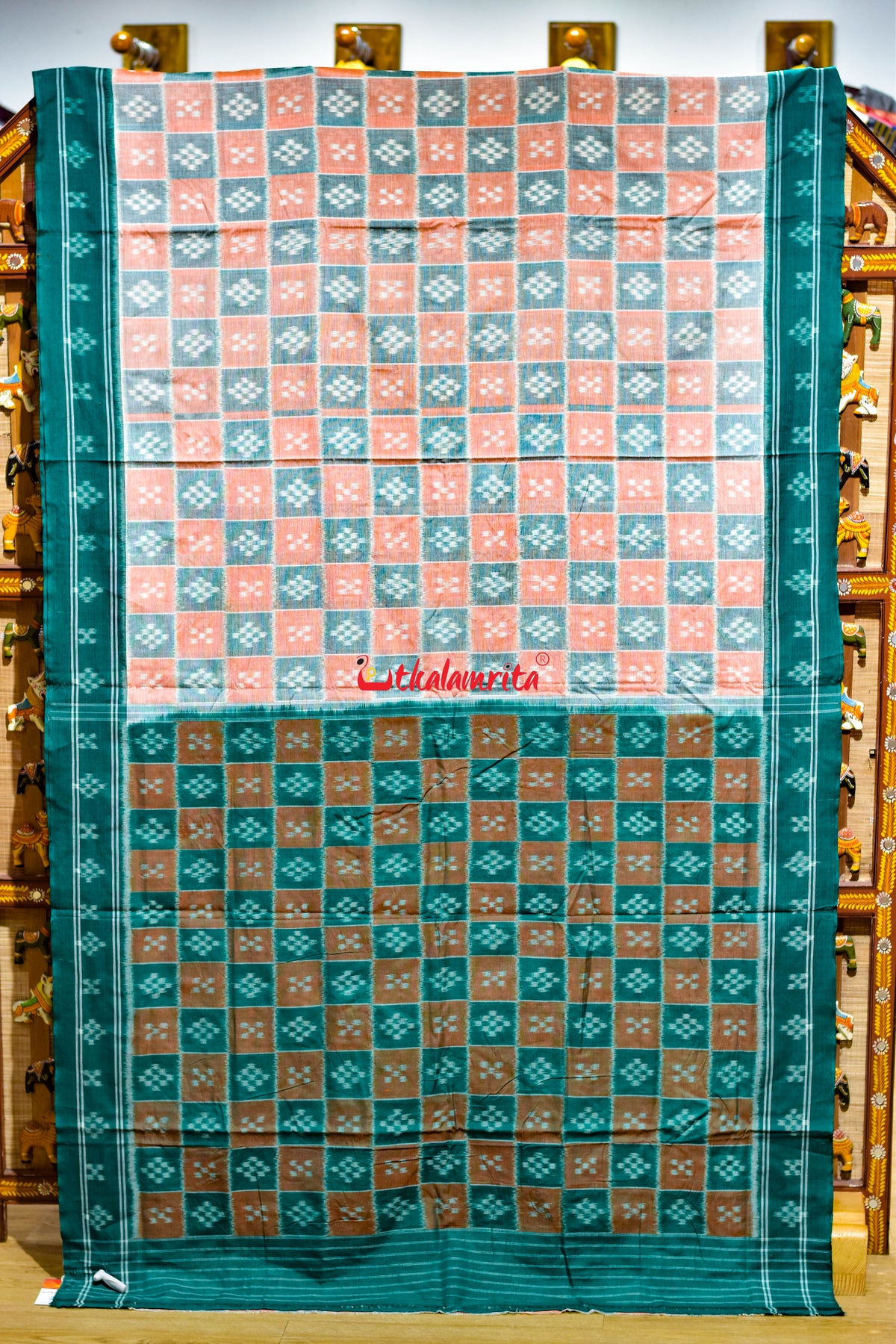 Peach Green Body Pasapali Khandua Cotton Saree