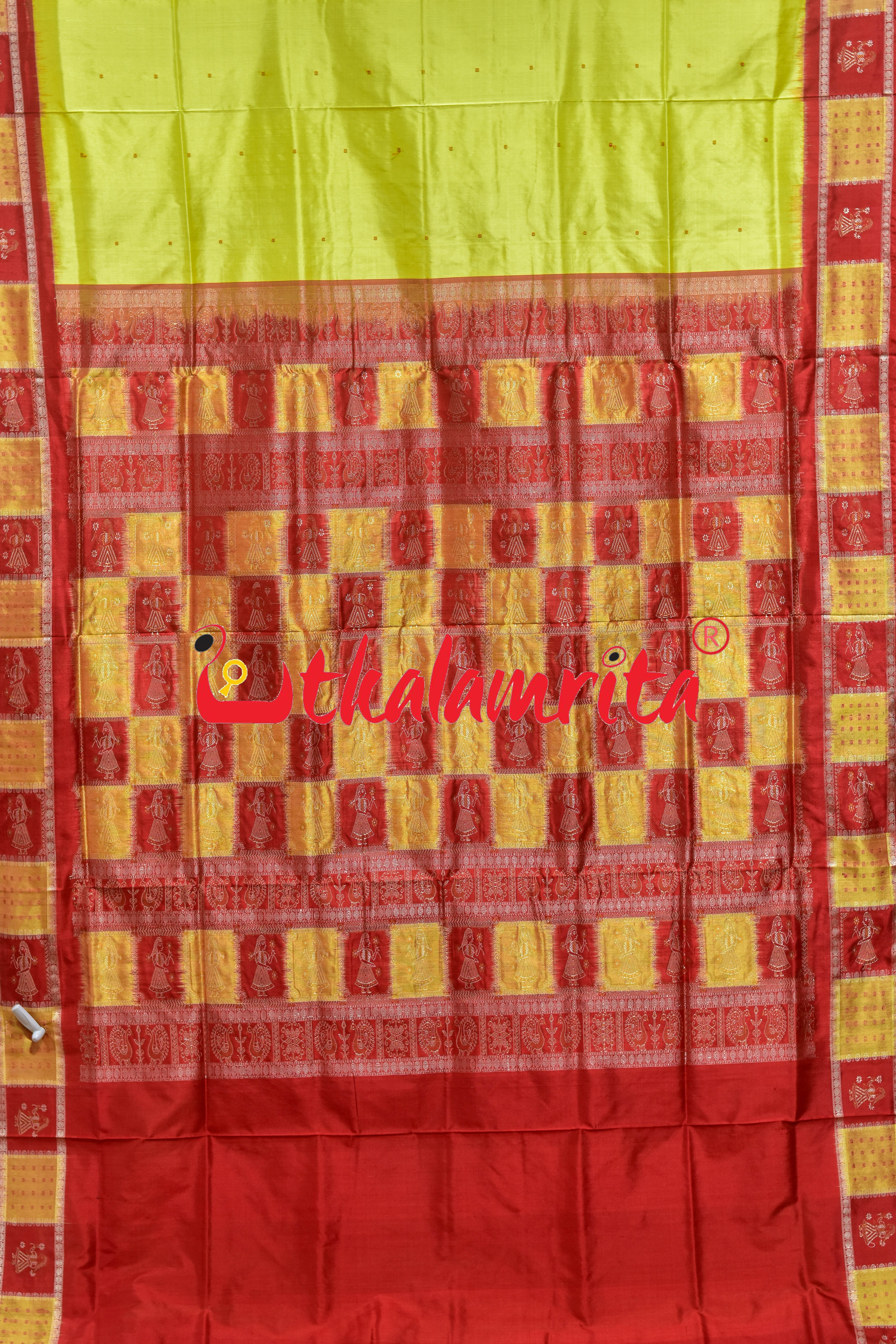Lemon Yellow Red Doll Border Bomkai Silk Saree