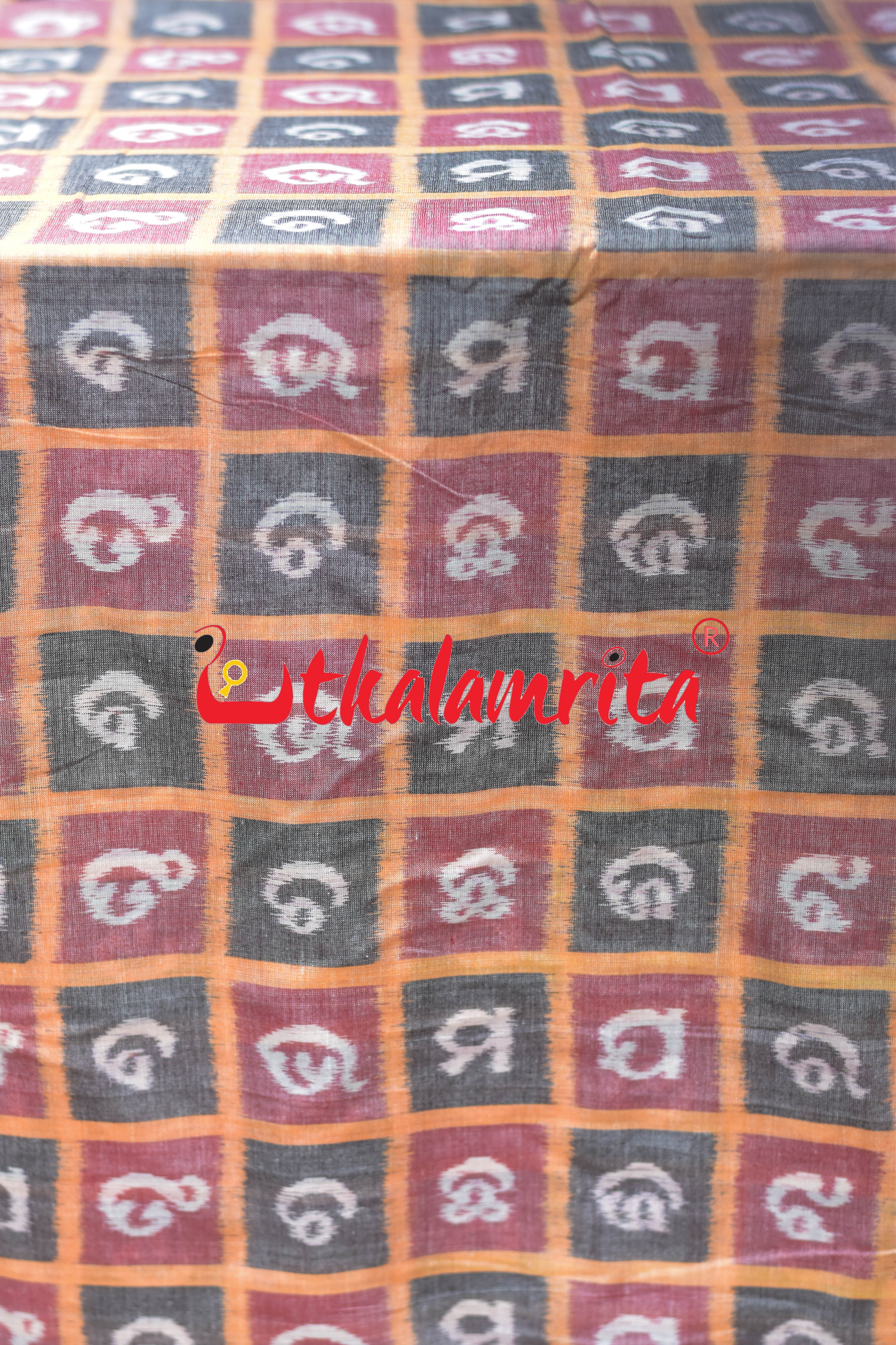 Grey Red Odia Alphabets Sambalpuri Cotton (Fabric)