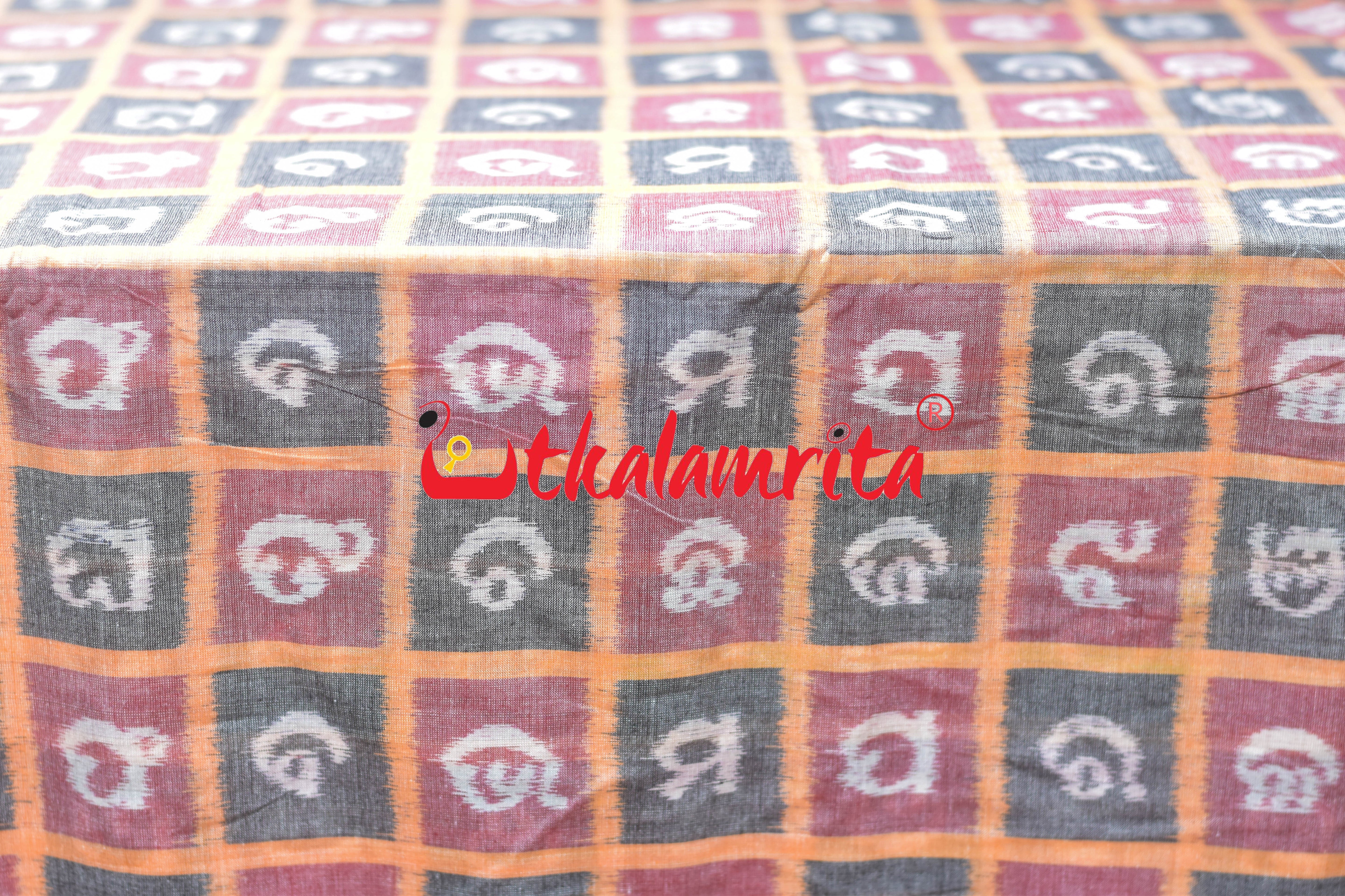 Grey Red Odia Alphabets Sambalpuri Cotton (Fabric)