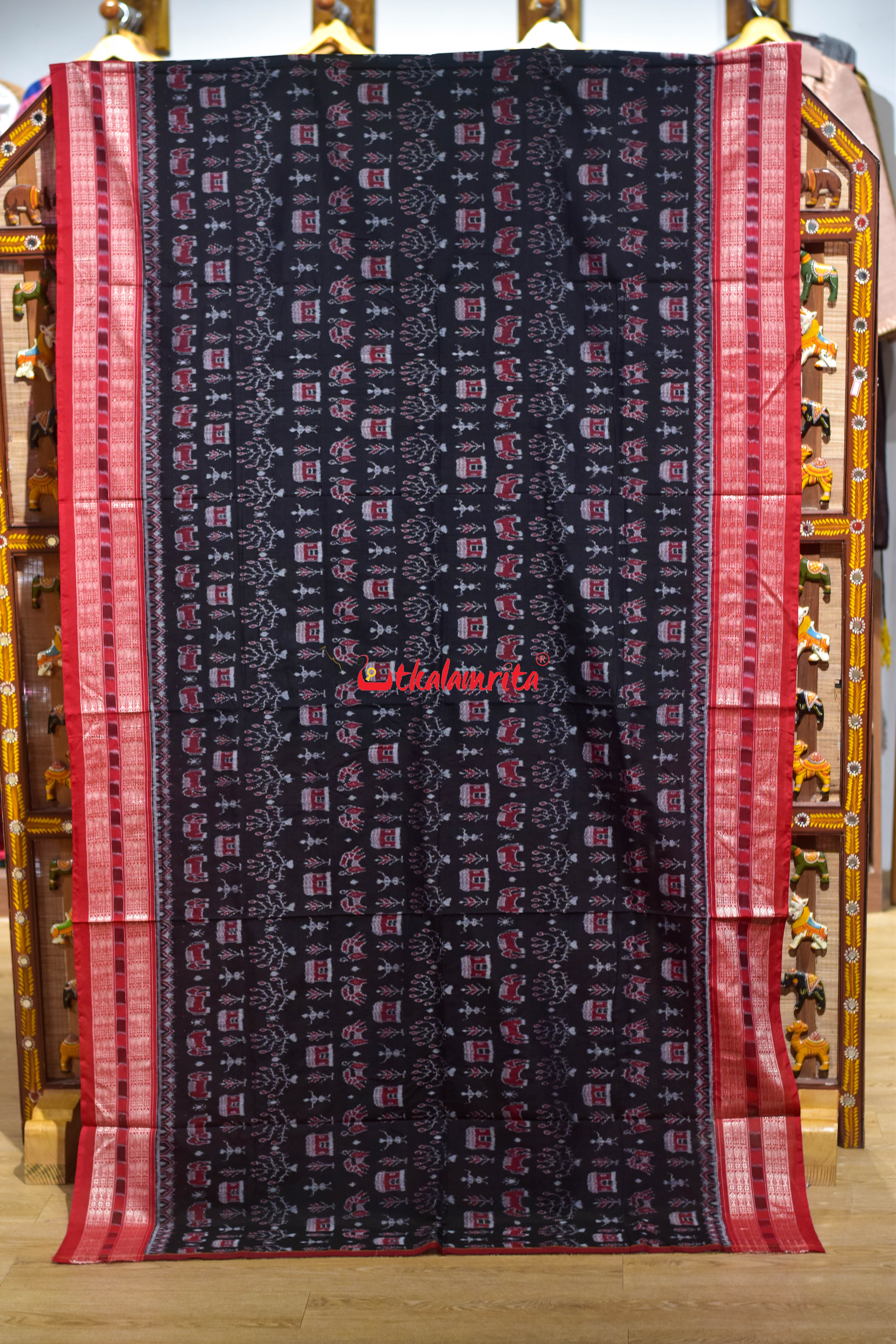 Black Red House Tribal Sambalpuri Cotton Saree
