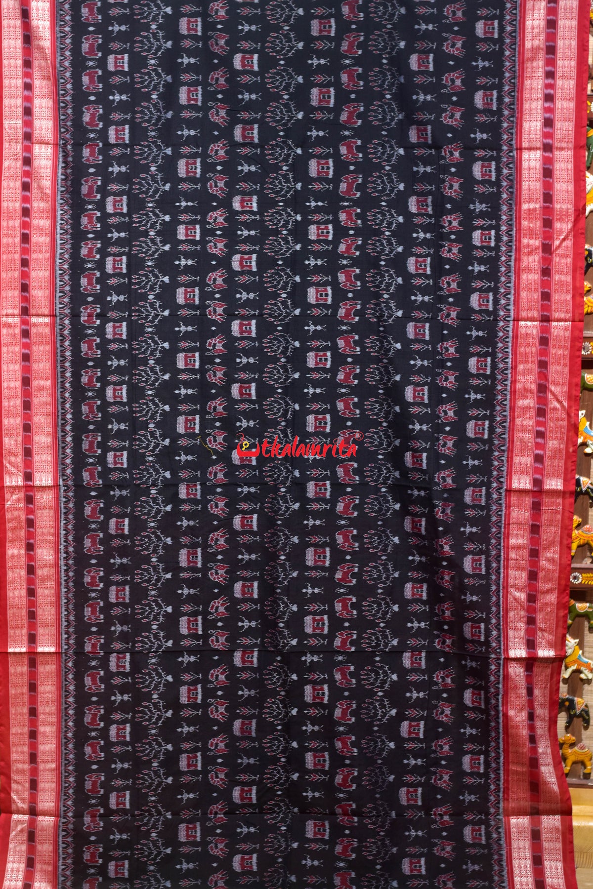 Black Red House Tribal Sambalpuri Cotton Saree