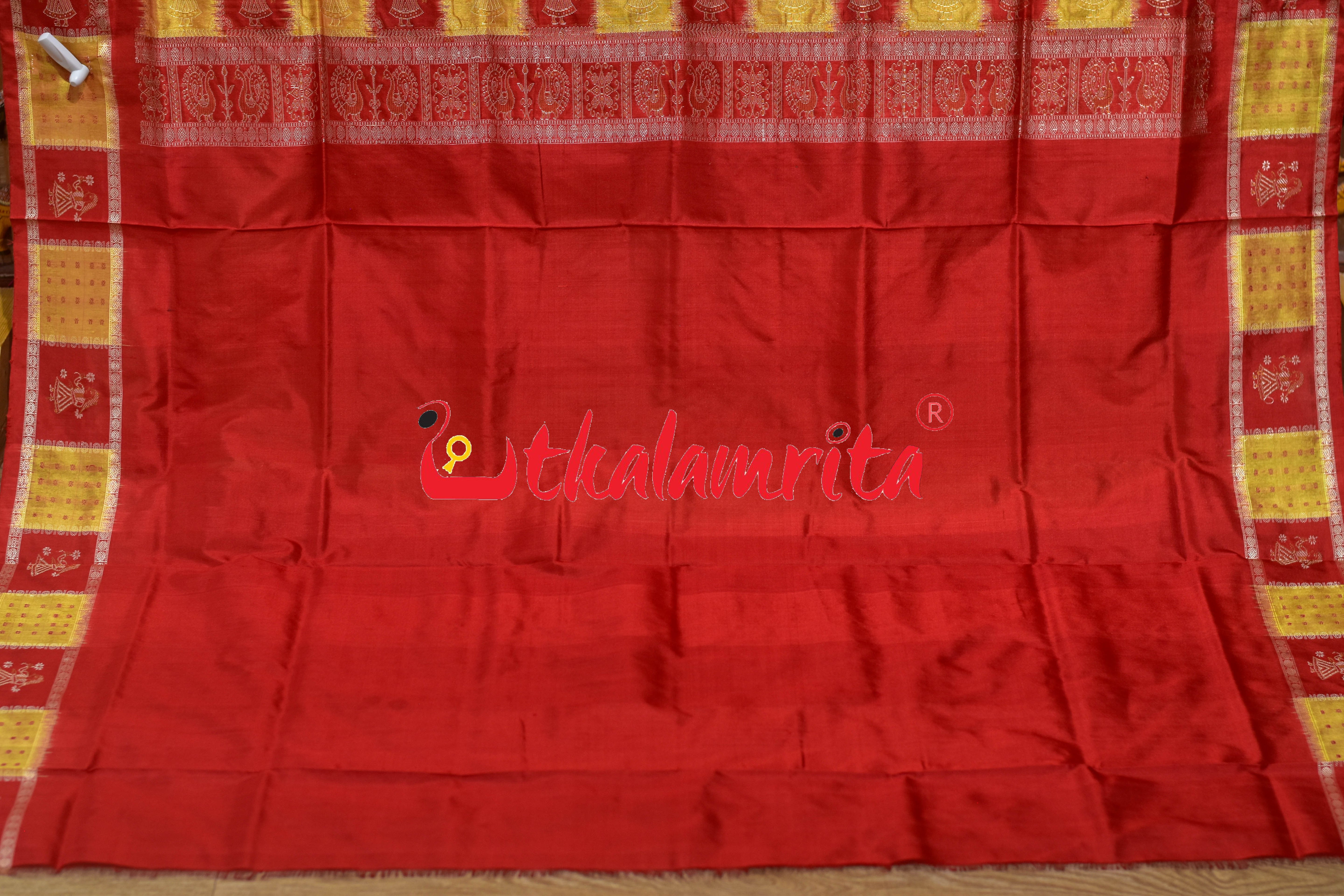Lemon Yellow Red Doll Border Bomkai Silk Saree
