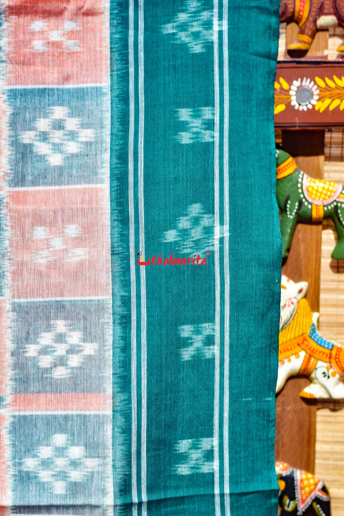 Peach Green Body Pasapali Khandua Cotton Saree