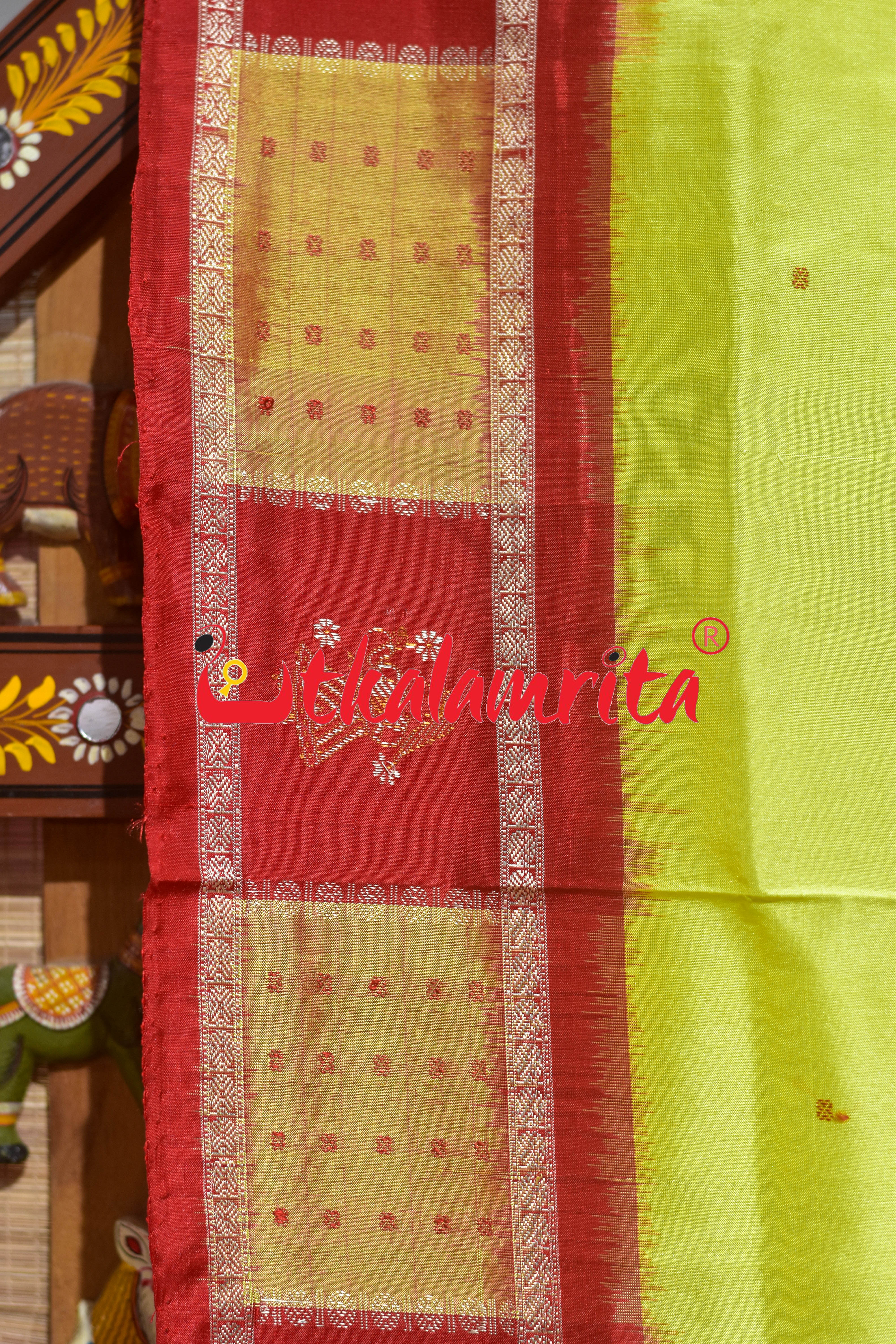 Lemon Yellow Red Doll Border Bomkai Silk Saree