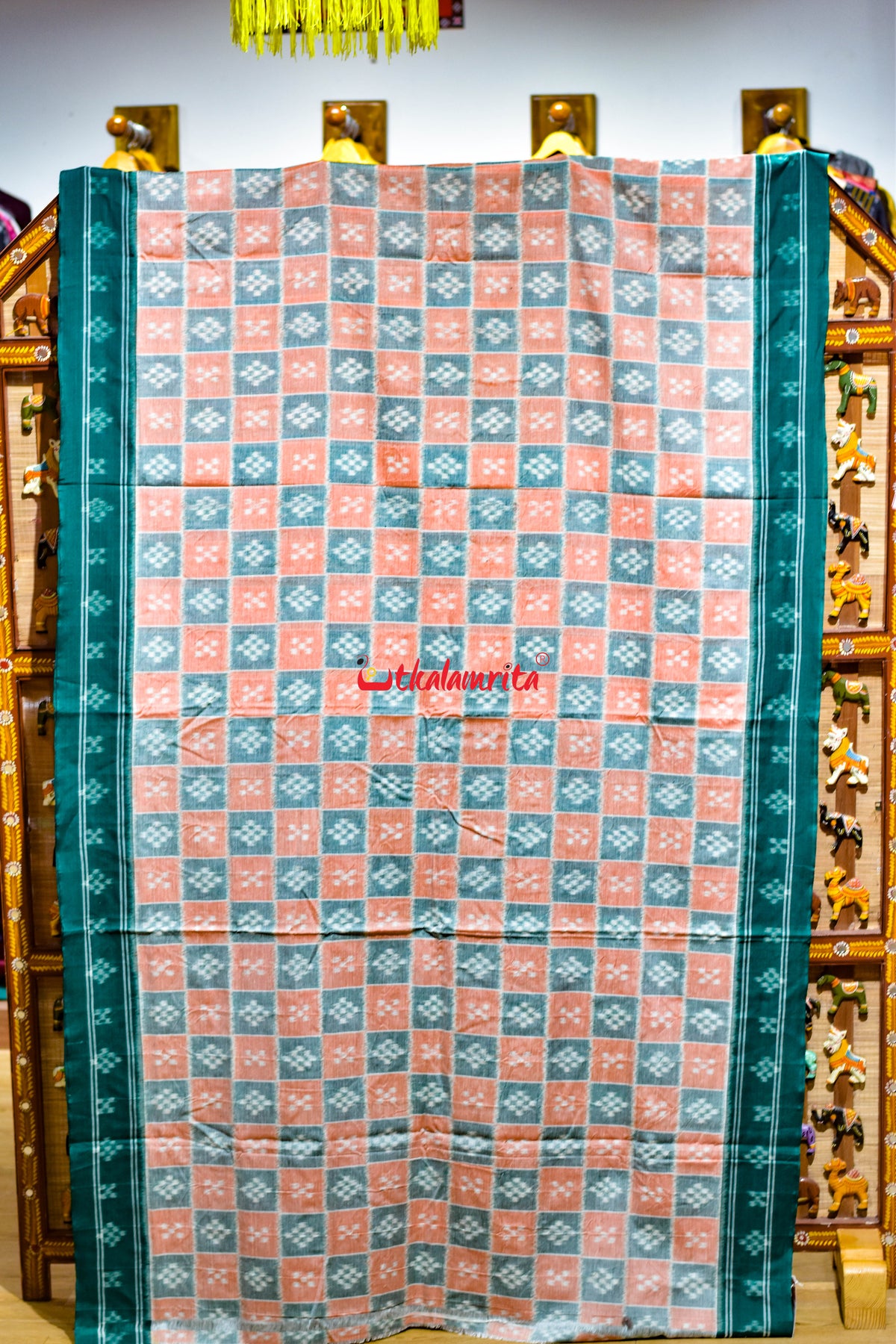 Peach Green Body Pasapali Khandua Cotton Saree