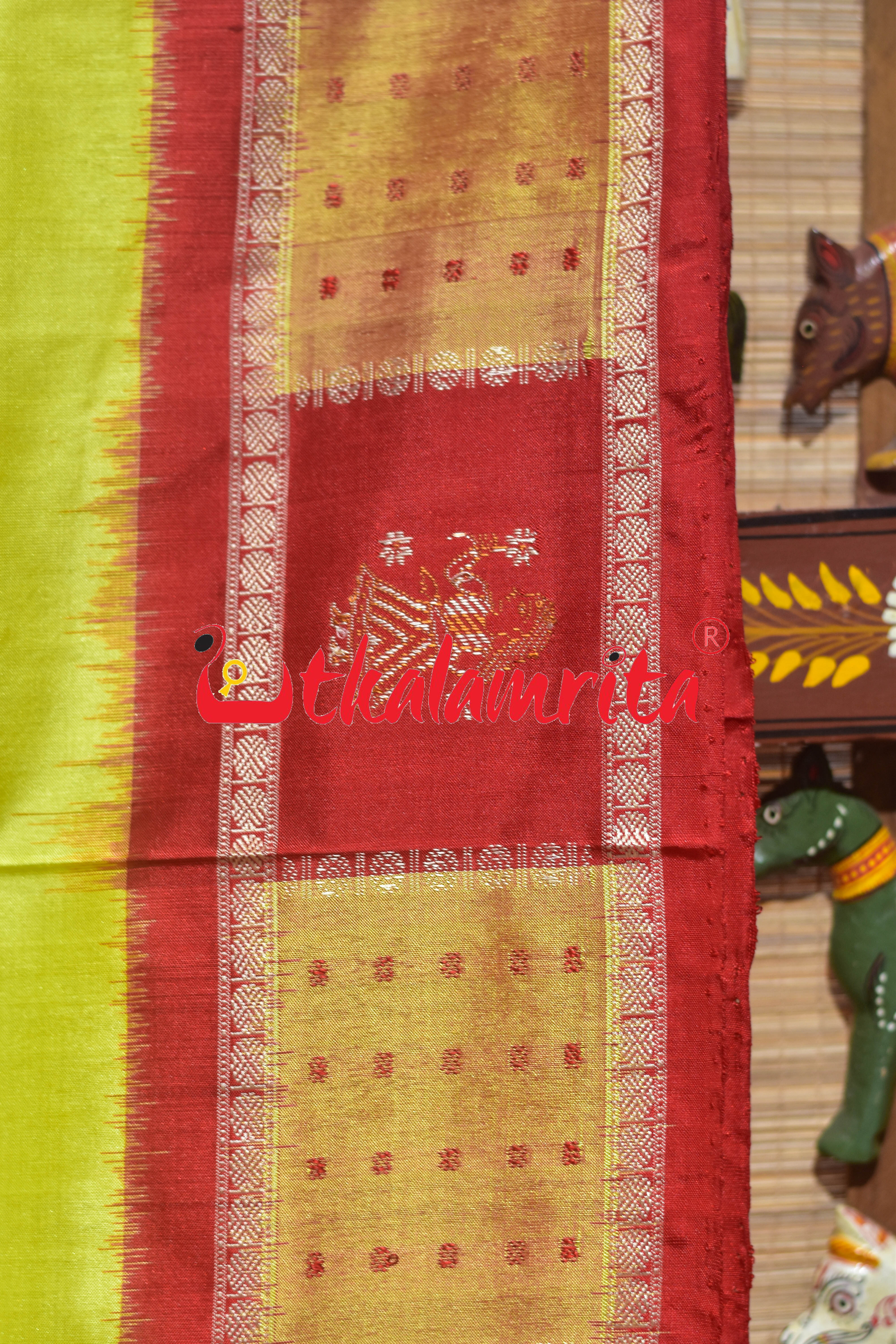 Lemon Yellow Red Doll Border Bomkai Silk Saree