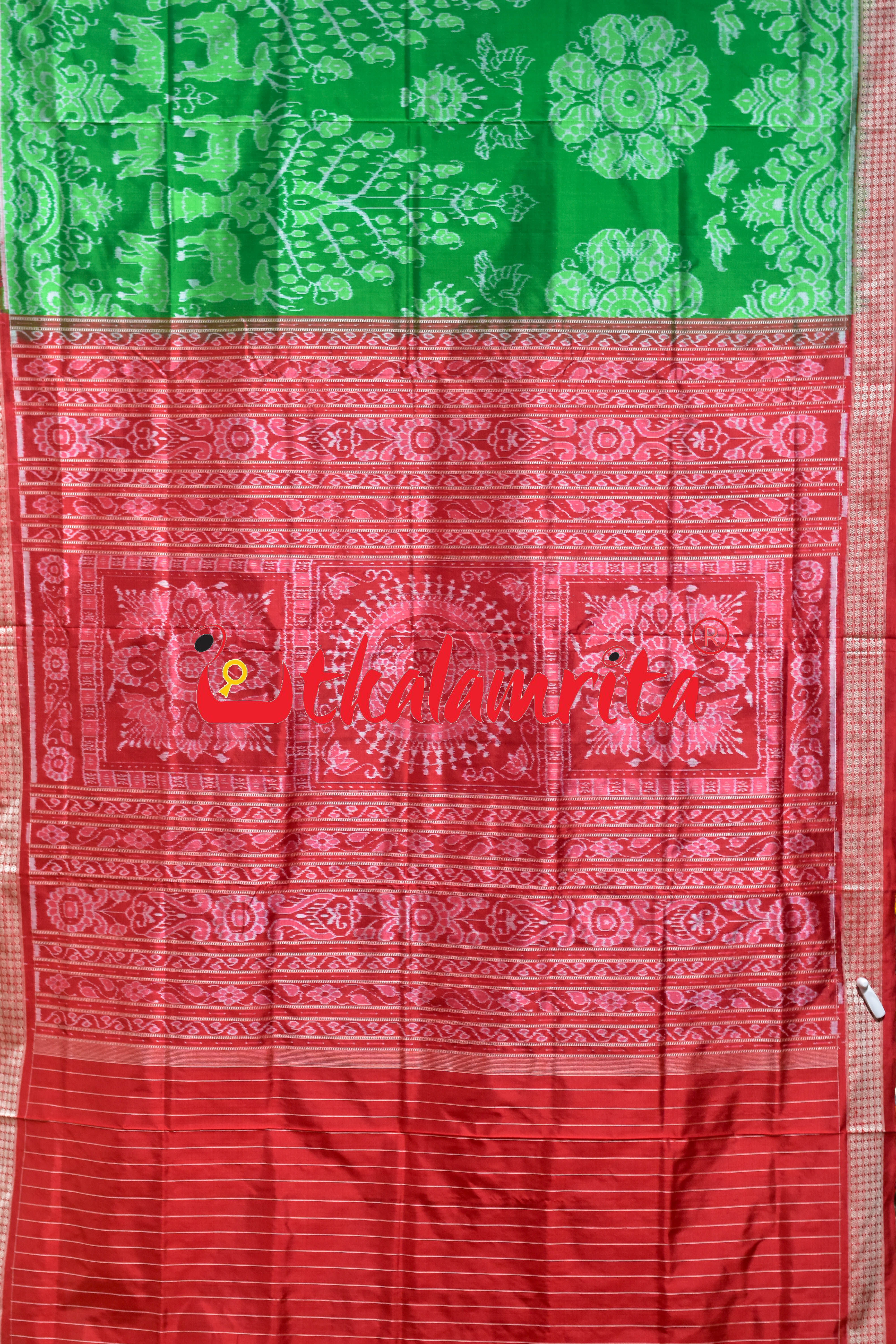 Green Red Deer Theme Sambalpuri Silk Saree