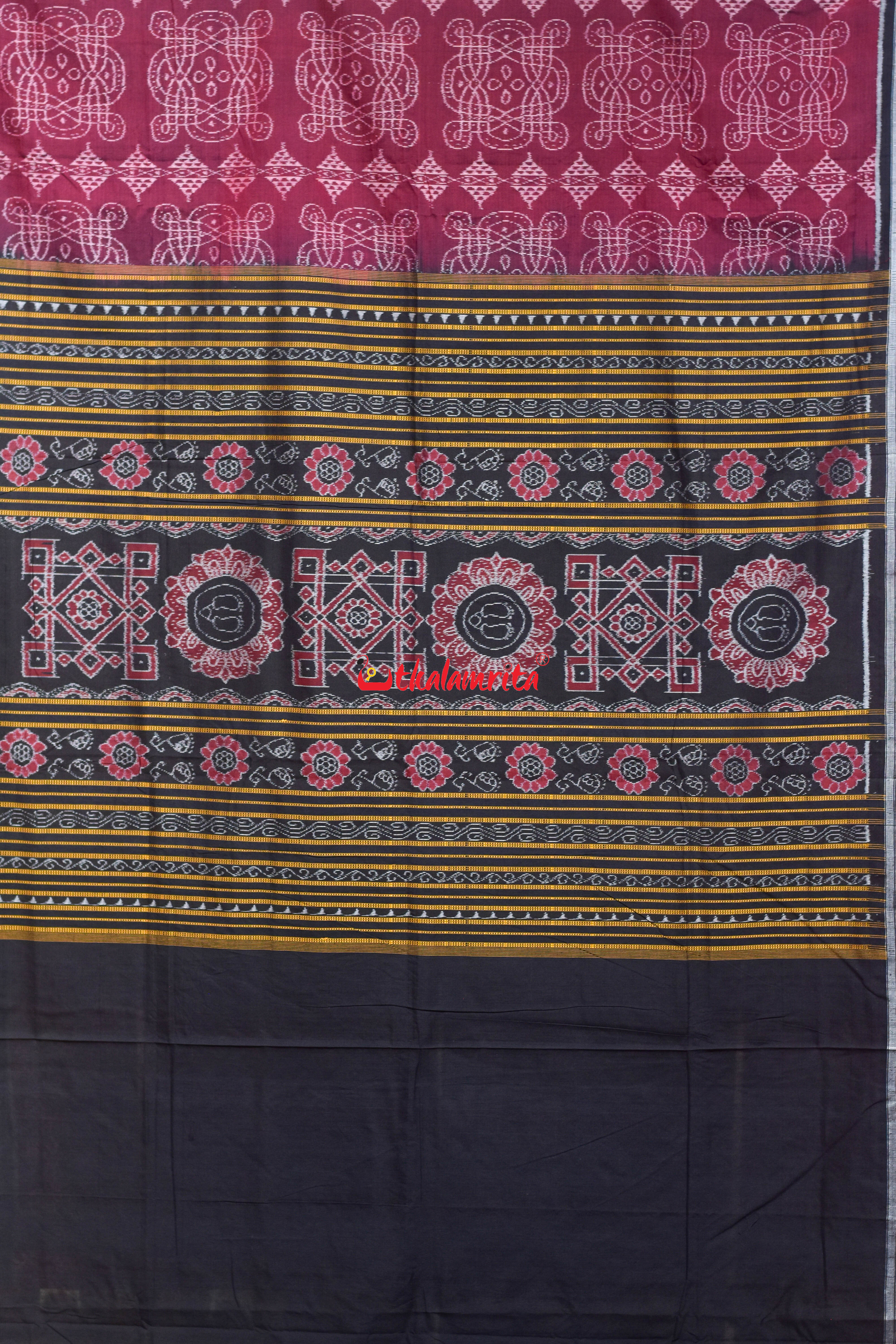 Maroon Black Nua Jhudi Sambalpuri Cotton Saree
