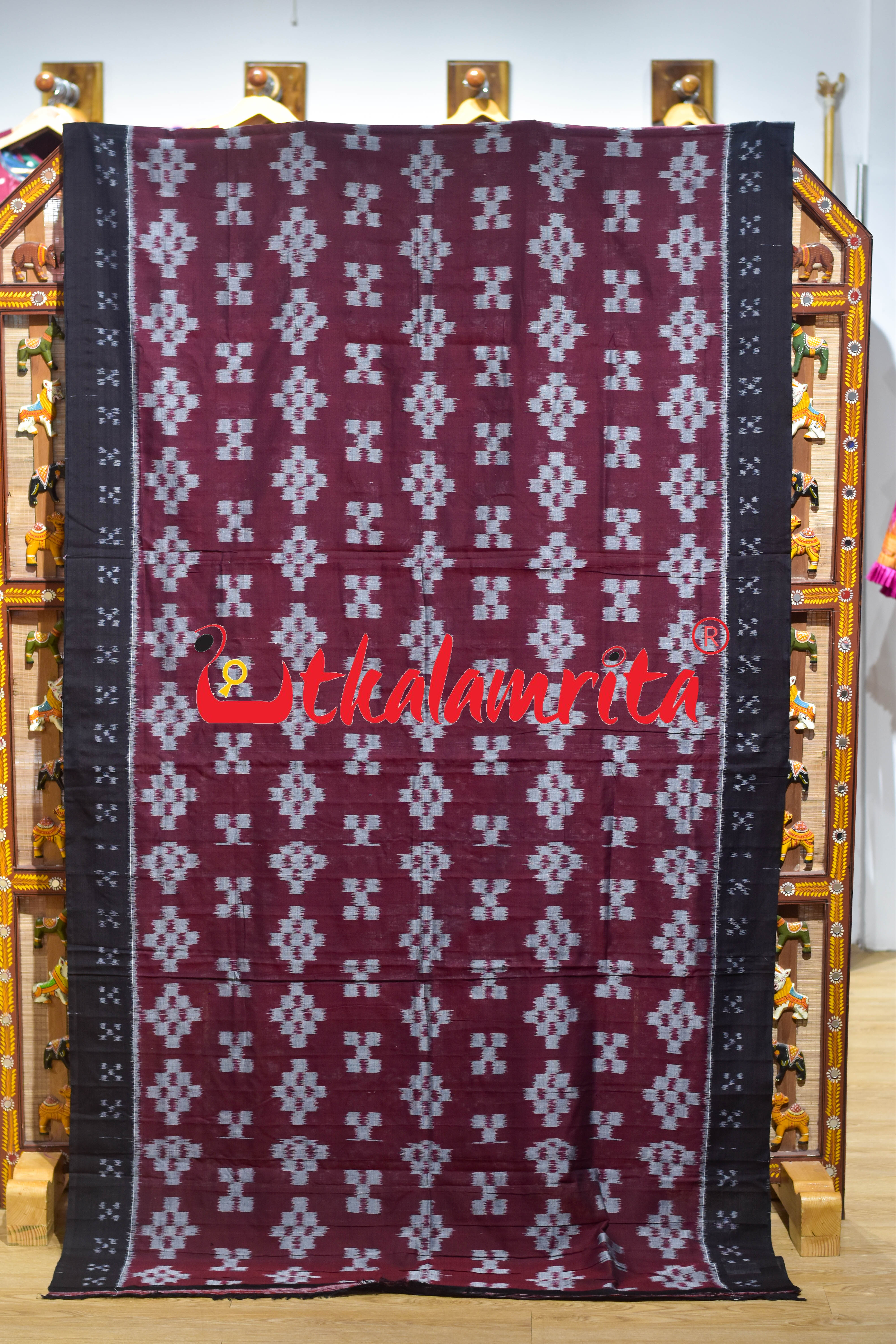 Maroon Black Body Pasapali Khandua Cotton Saree