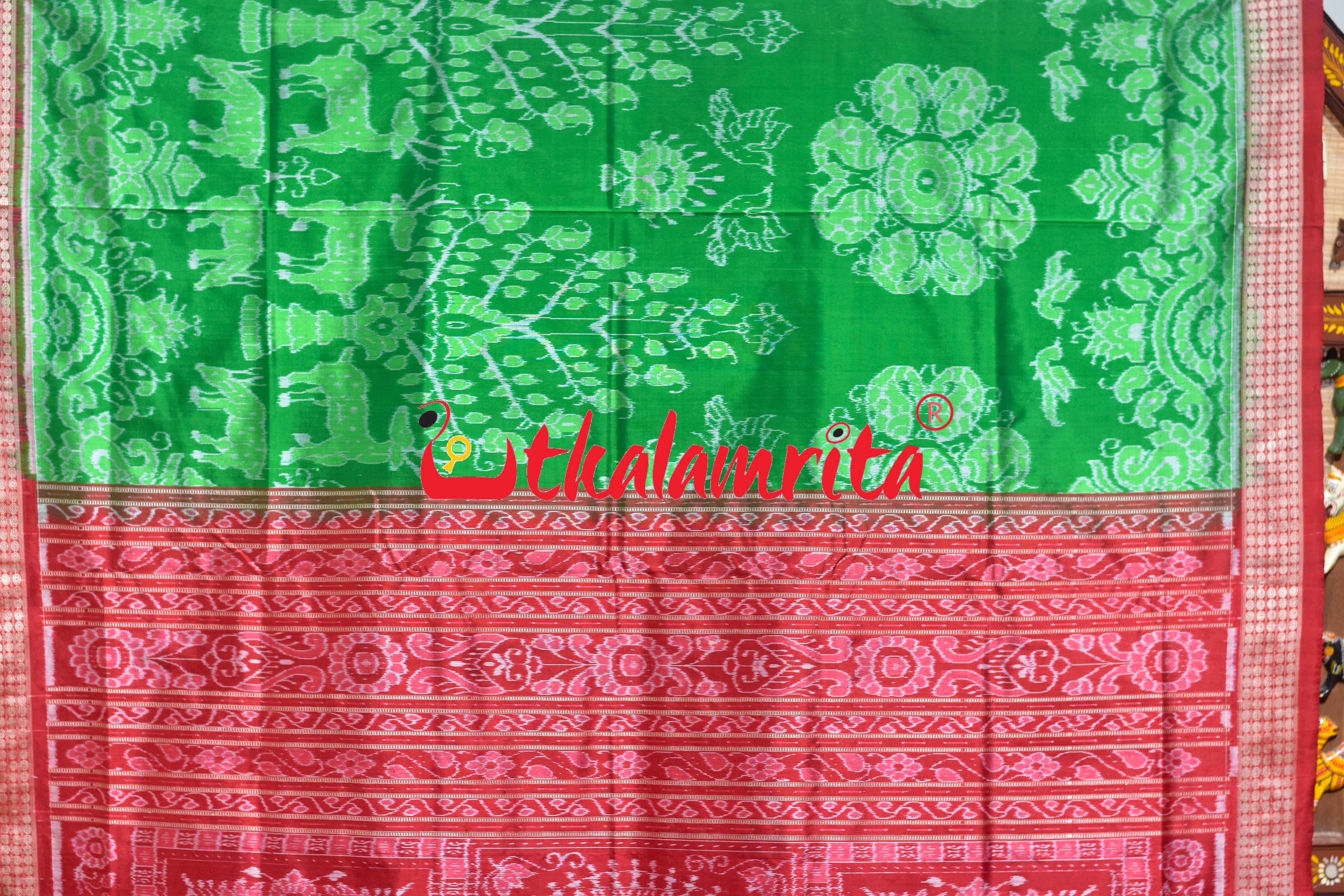 Green Red Deer Theme Sambalpuri Silk Saree