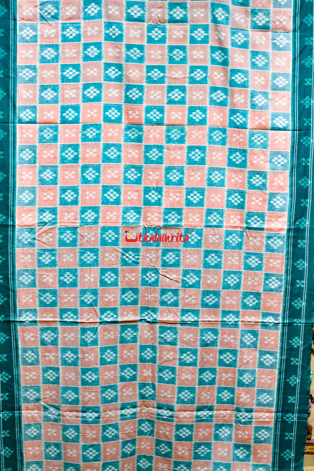 Peach Green Body Pasapali Khandua Cotton Saree