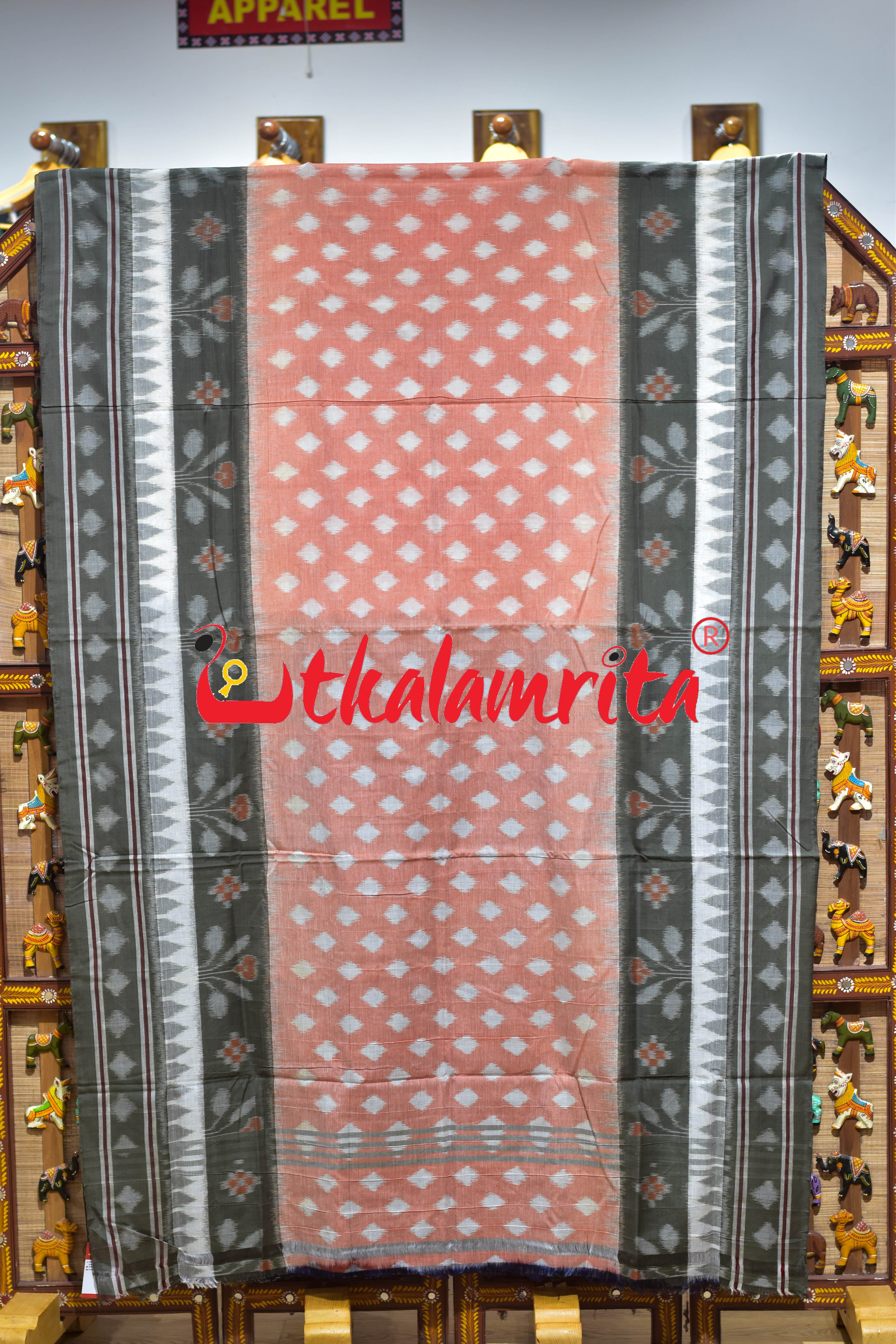 Peach Olive Pasapali Border Khandua Cotton Saree