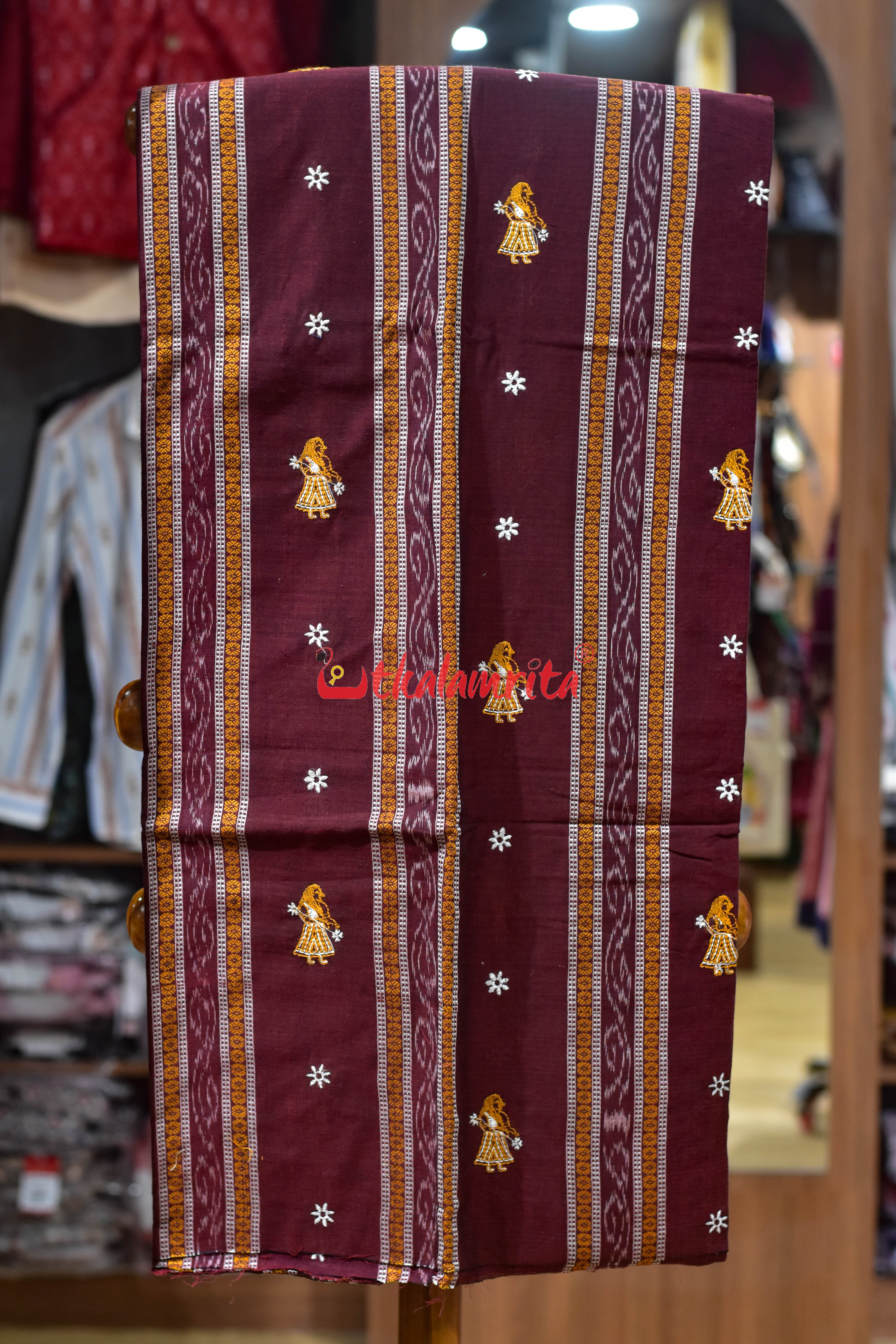 Maroon Yellow Doll Bomkai Cotton Dress Set