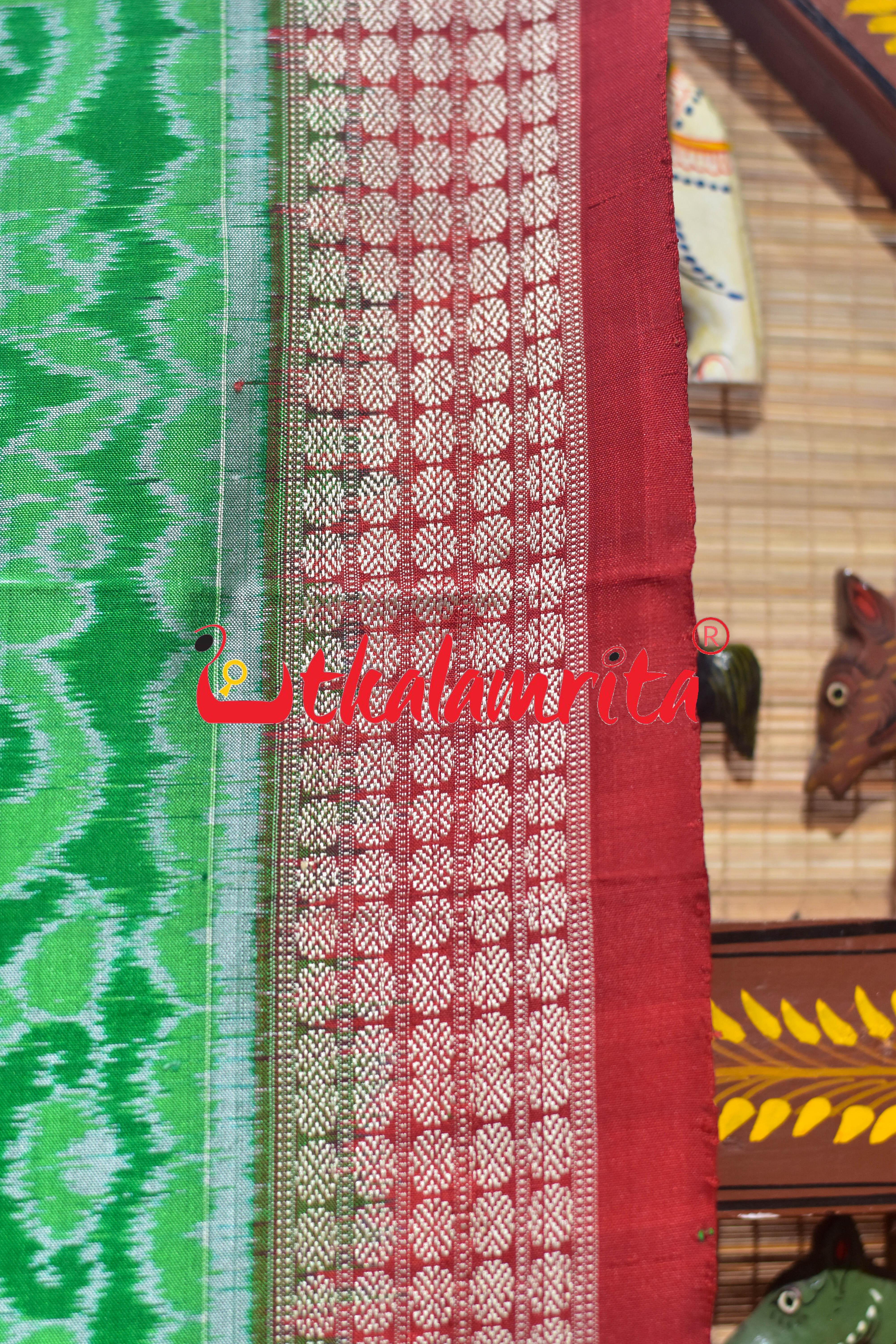 Green Red Deer Theme Sambalpuri Silk Saree