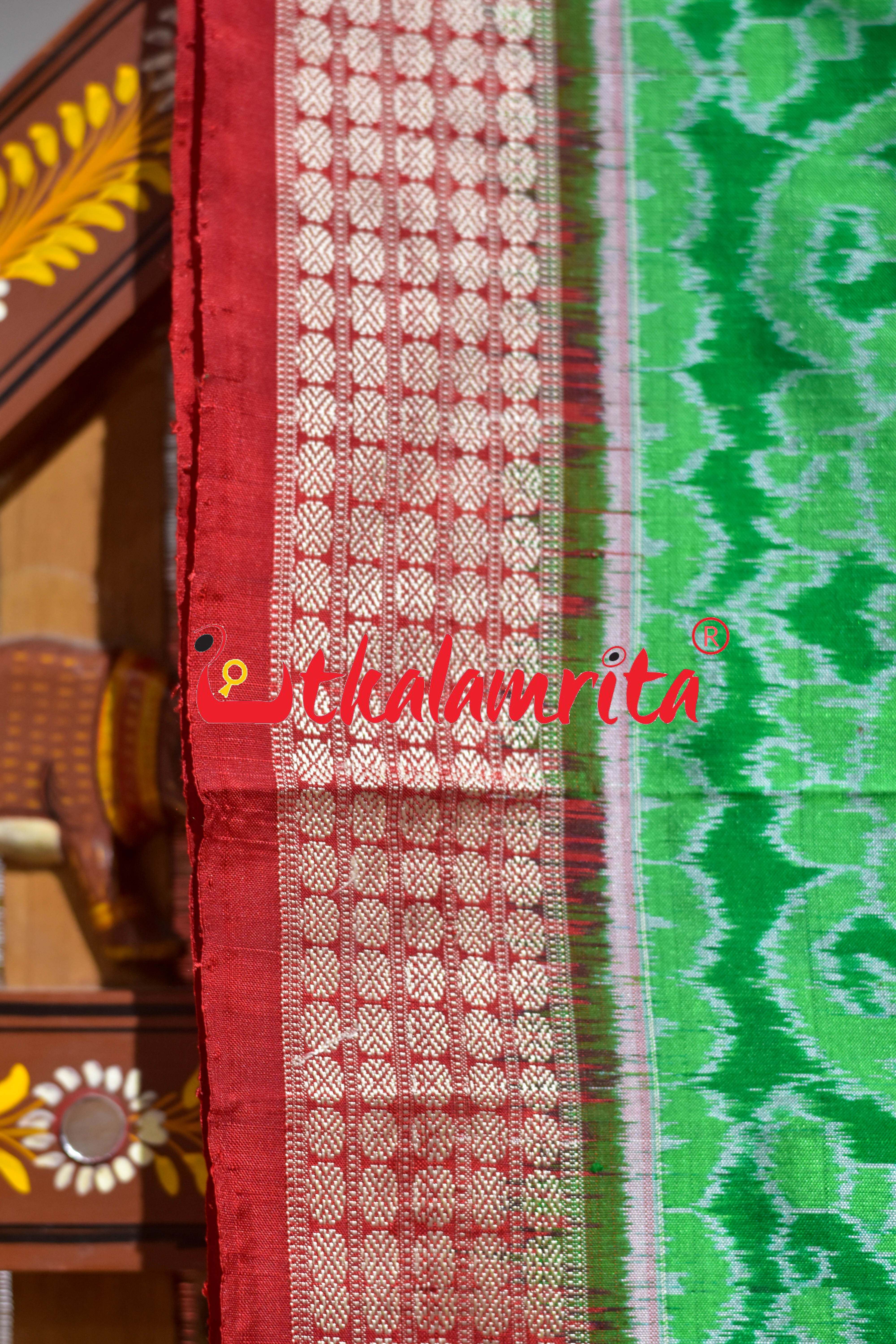Green Red Deer Theme Sambalpuri Silk Saree