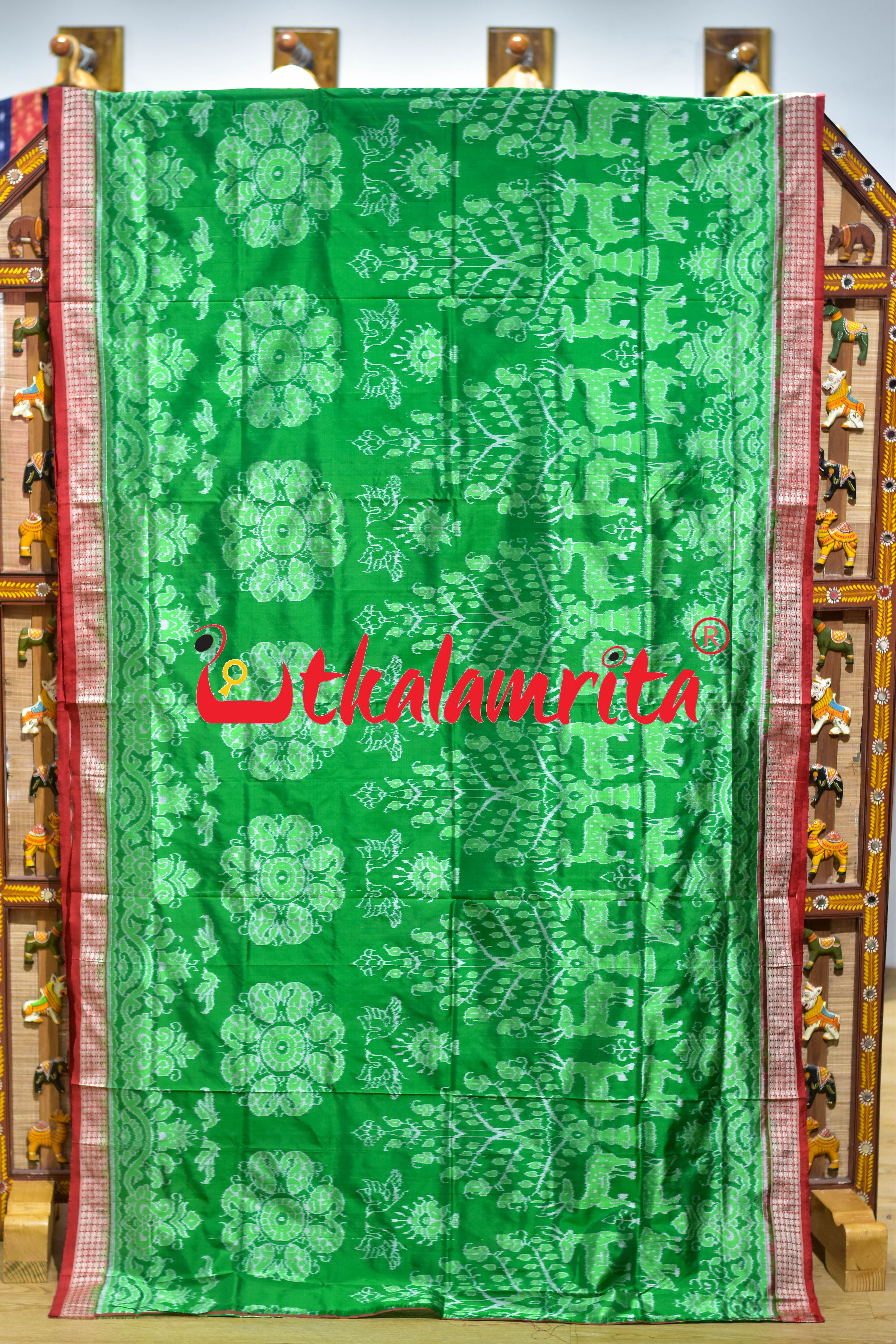 Green Red Deer Theme Sambalpuri Silk Saree