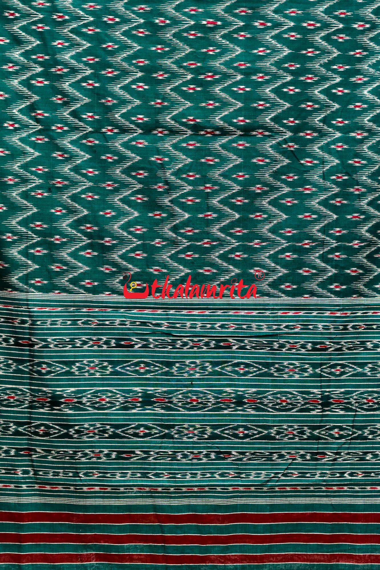 Bottle Green Star Taranga Red Cotton Saree