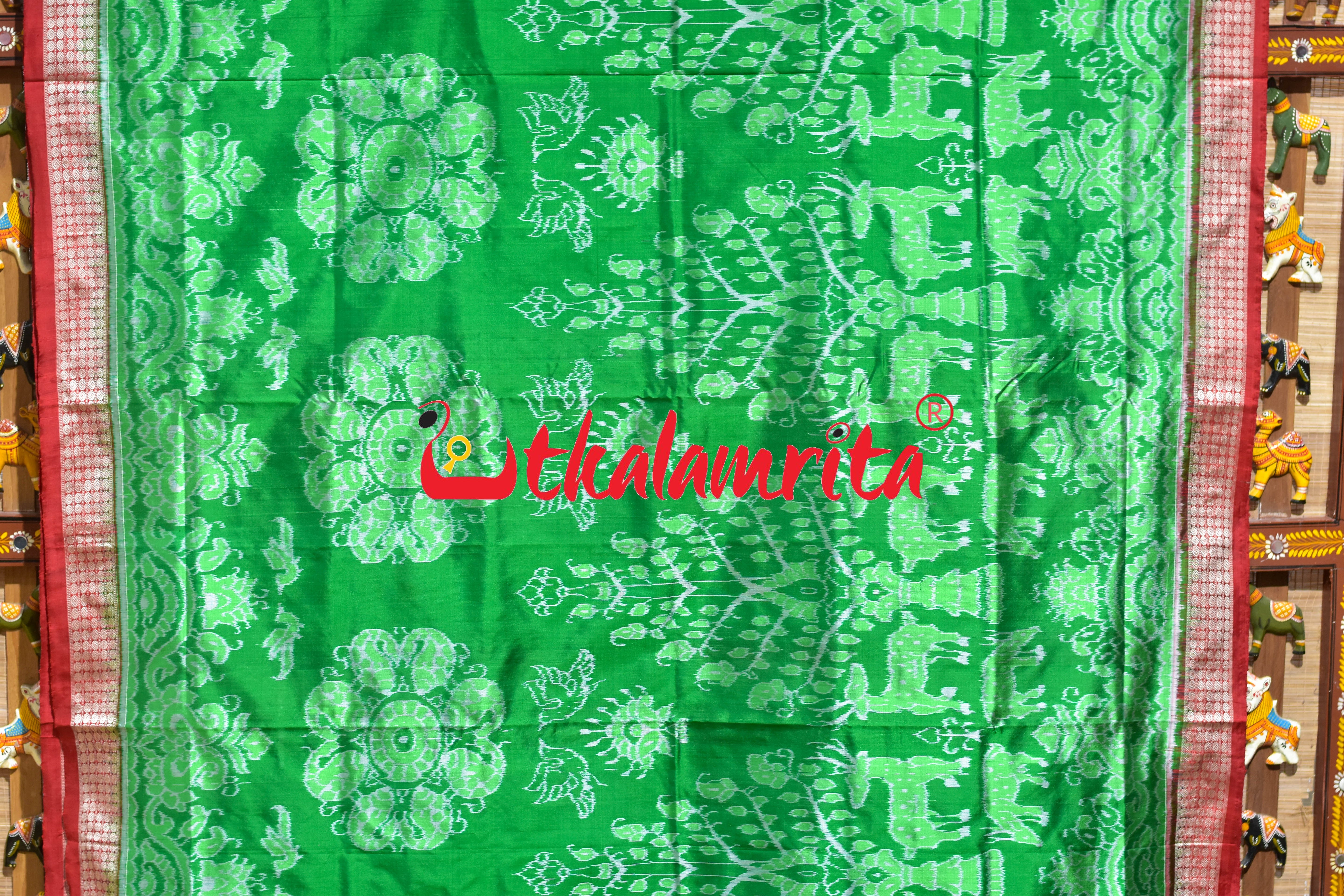Green Red Deer Theme Sambalpuri Silk Saree