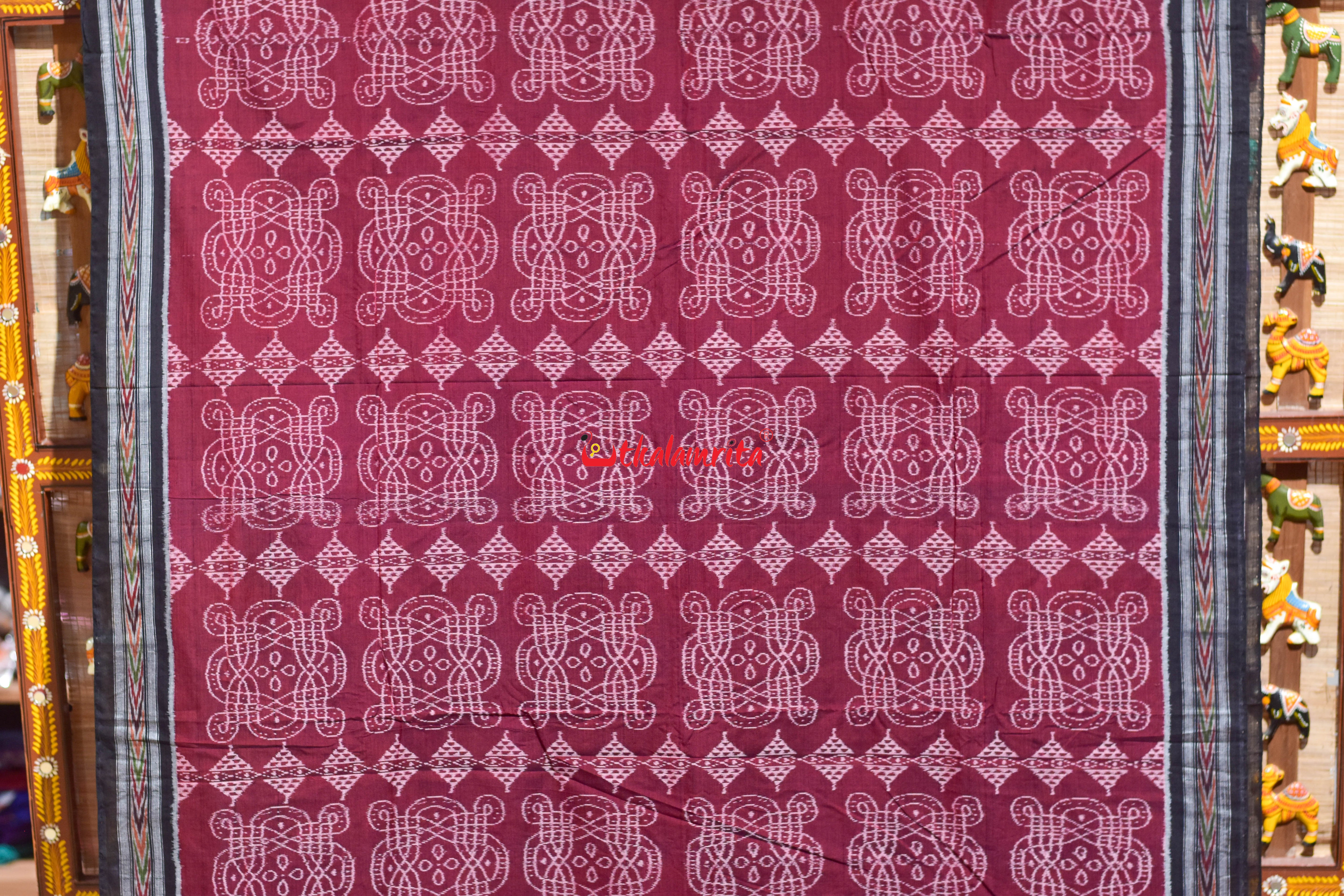 Maroon Black Nua Jhudi Sambalpuri Cotton Saree