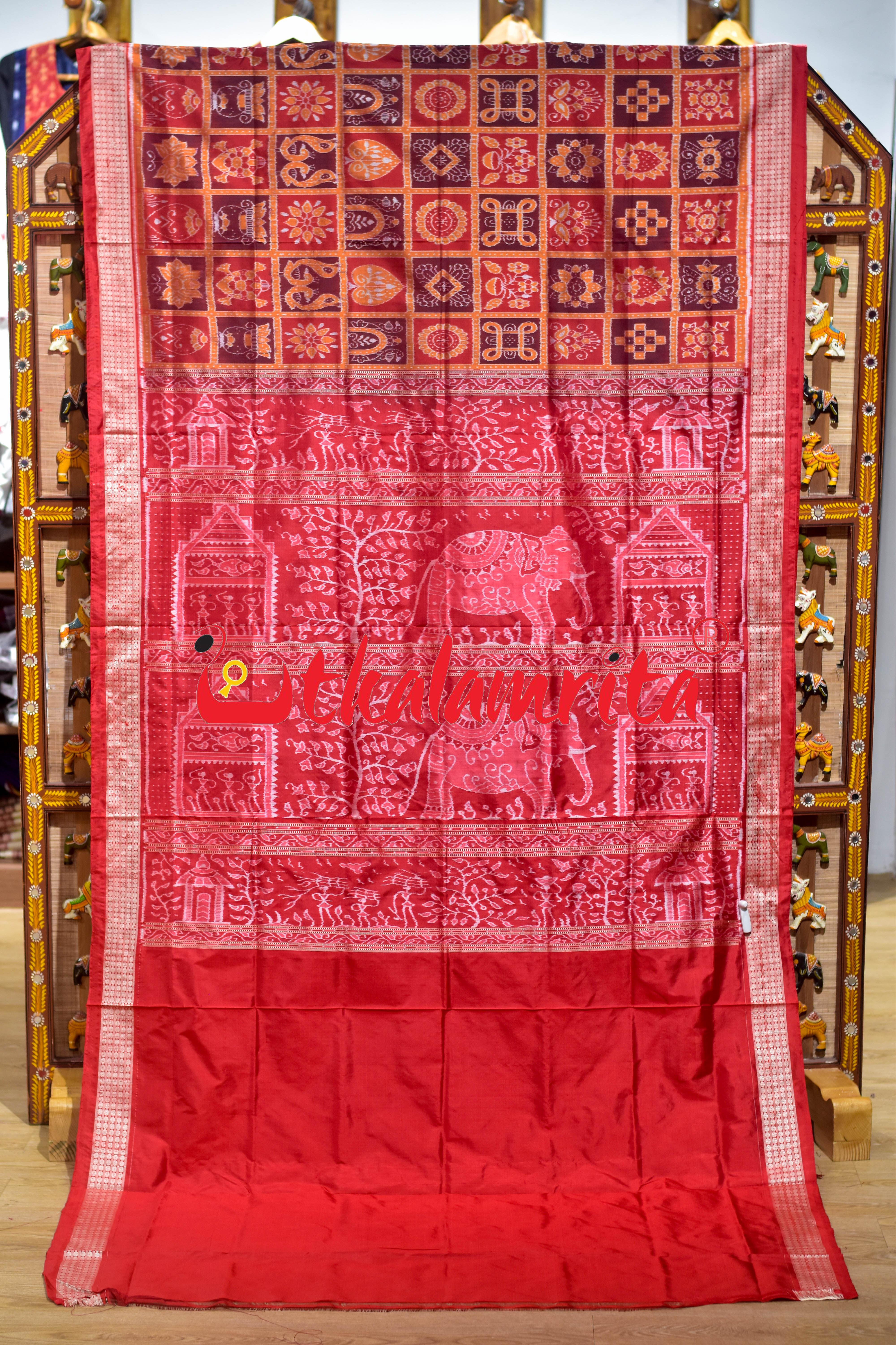 Red Orange Nabakothi Silk Saree