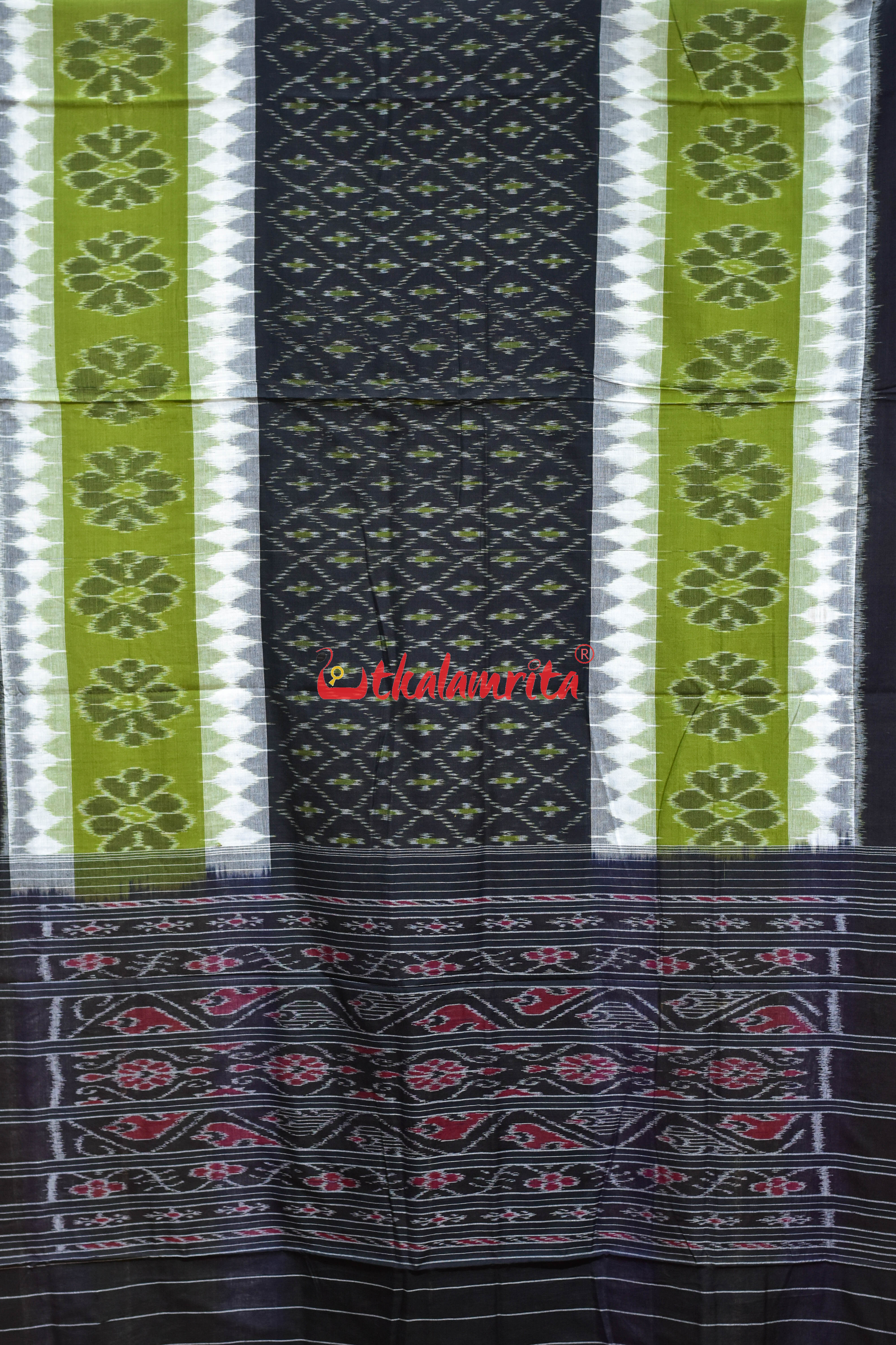 Green with 7D Black Body Bandha Khandua Cotton Saree