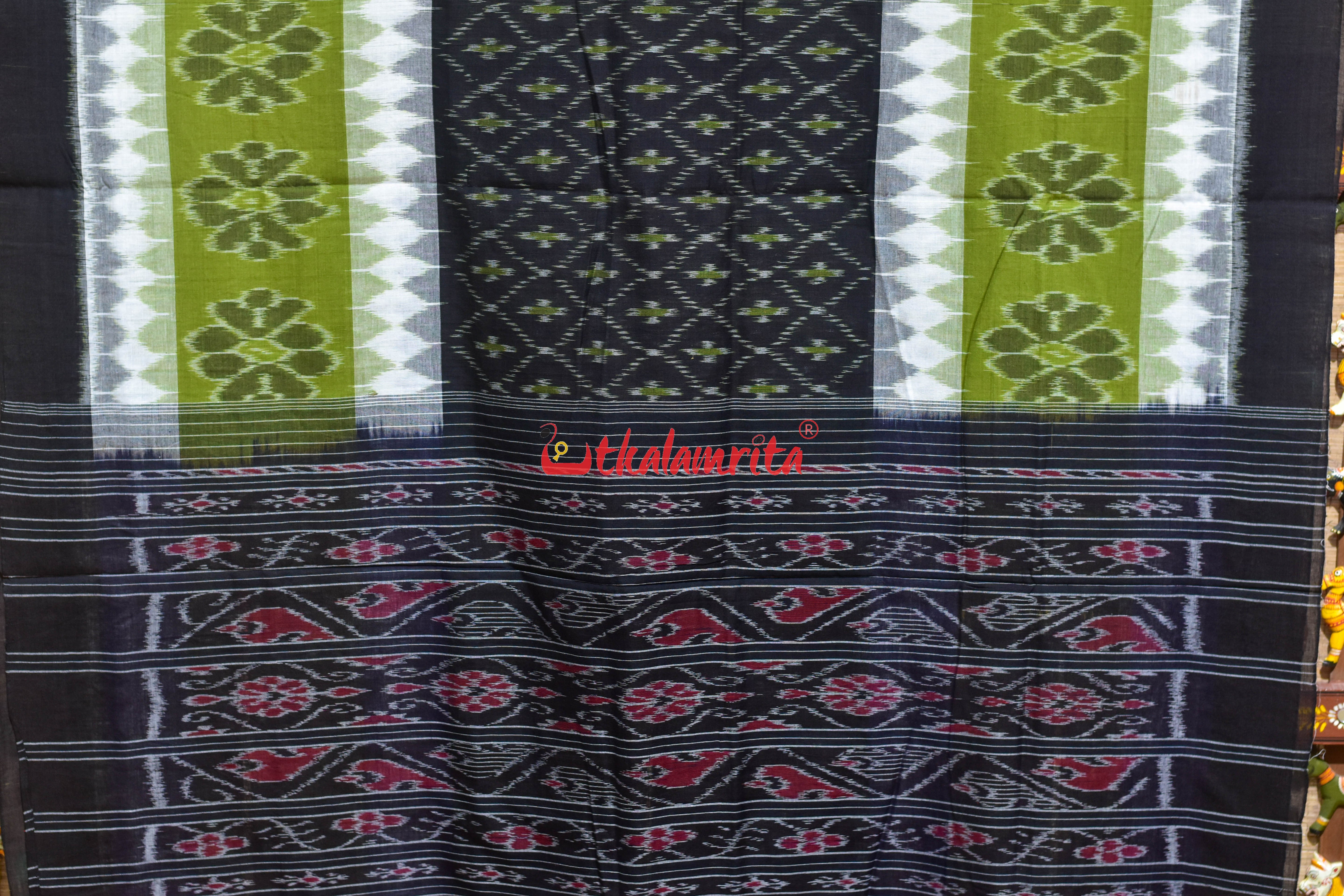 Green with 7D Black Body Bandha Khandua Cotton Saree
