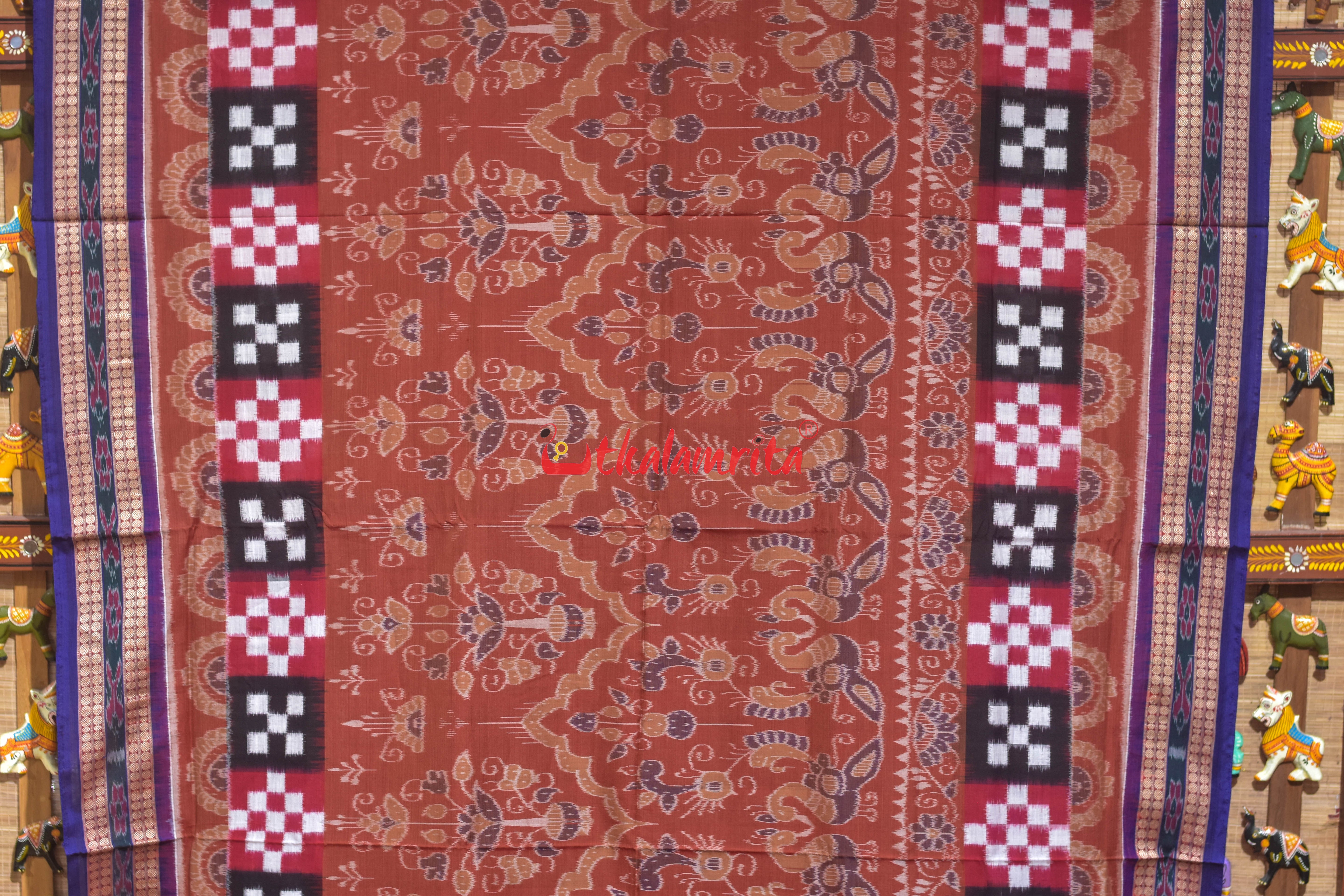 Brown Peacock Pasapali Scot Border Cotton Saree