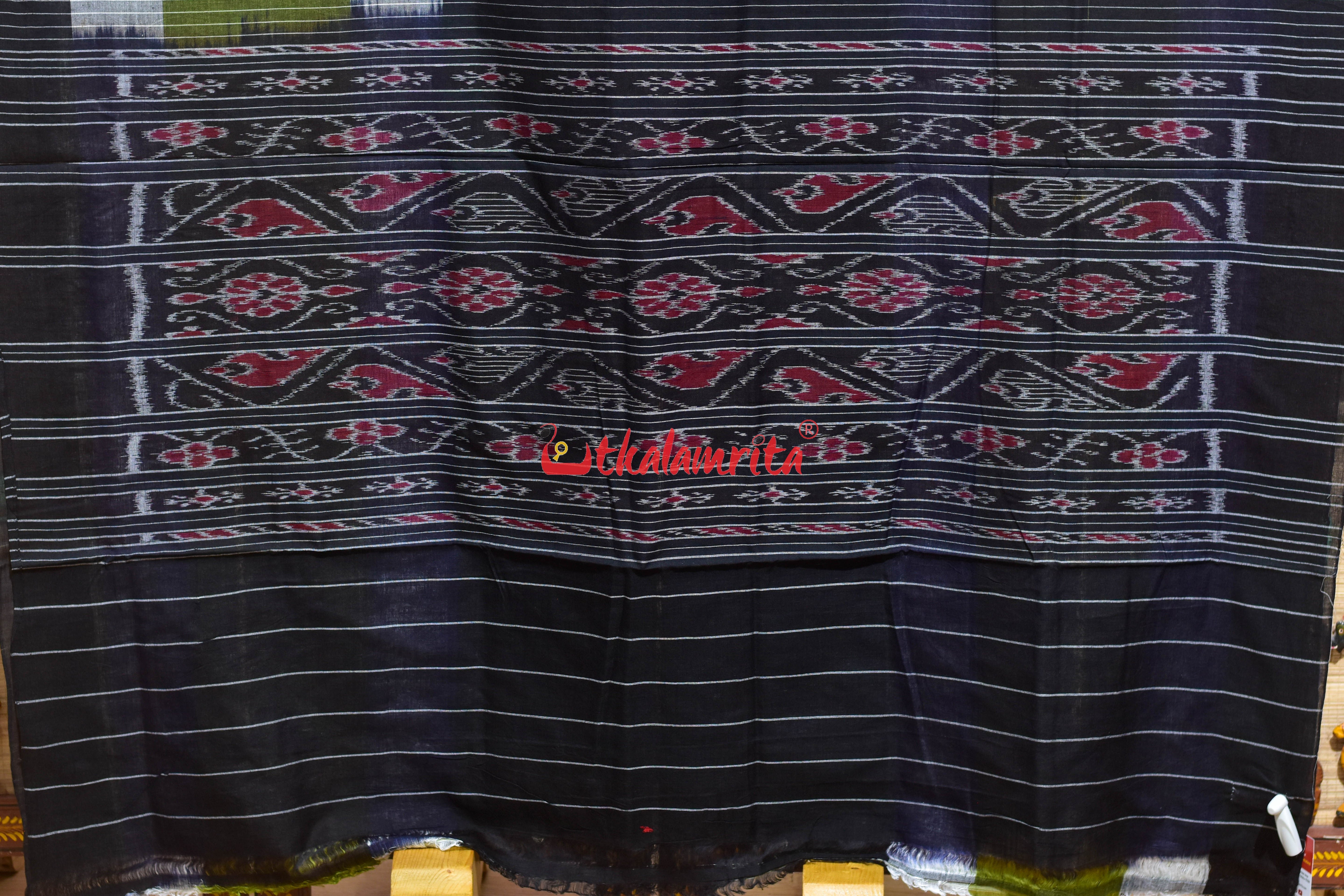 Green with 7D Black Body Bandha Khandua Cotton Saree