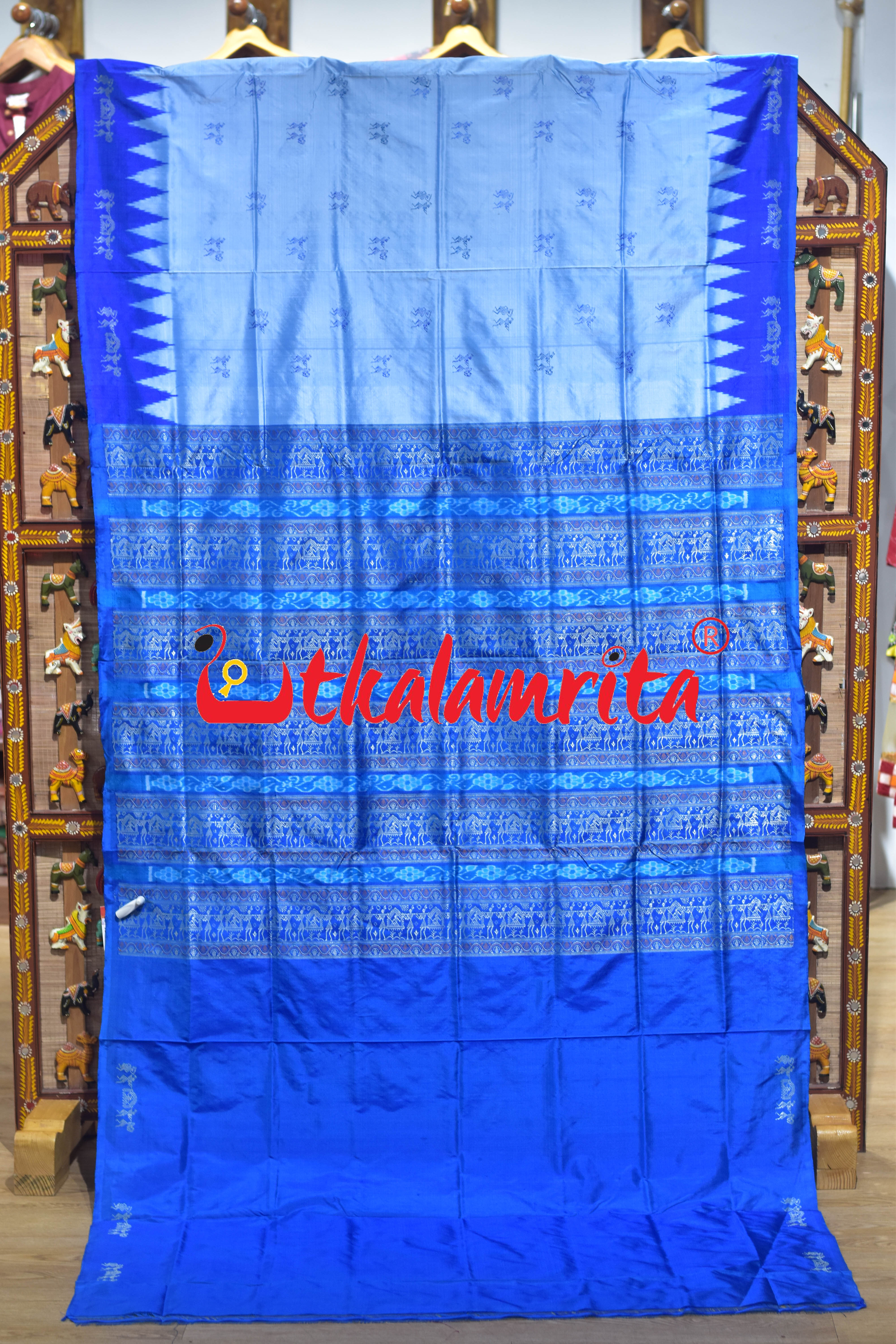 Sky Blue Deep Blue Sabari Bomkai Silk Saree
