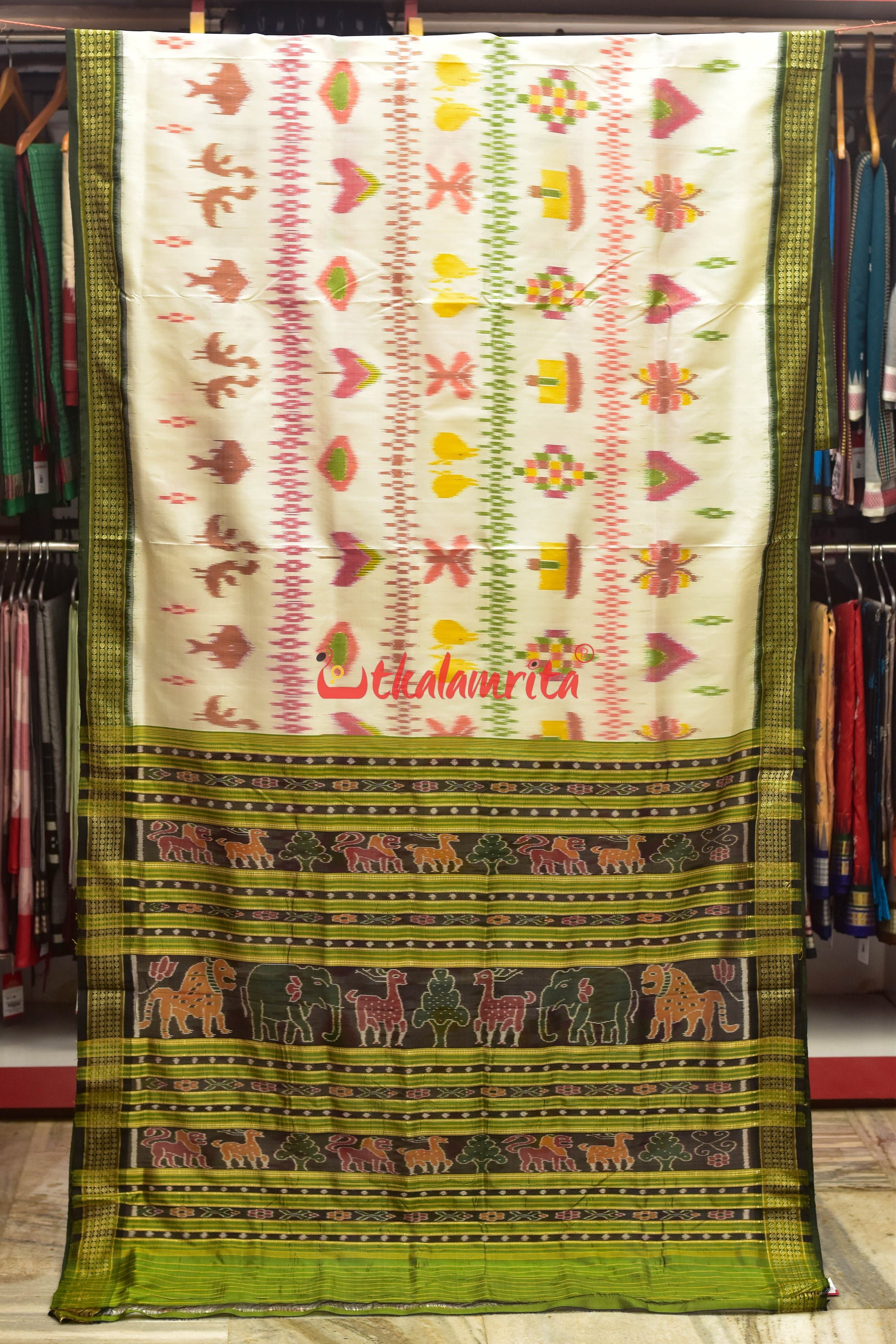 Off White Green Border Bandha Khandua Silk Saree