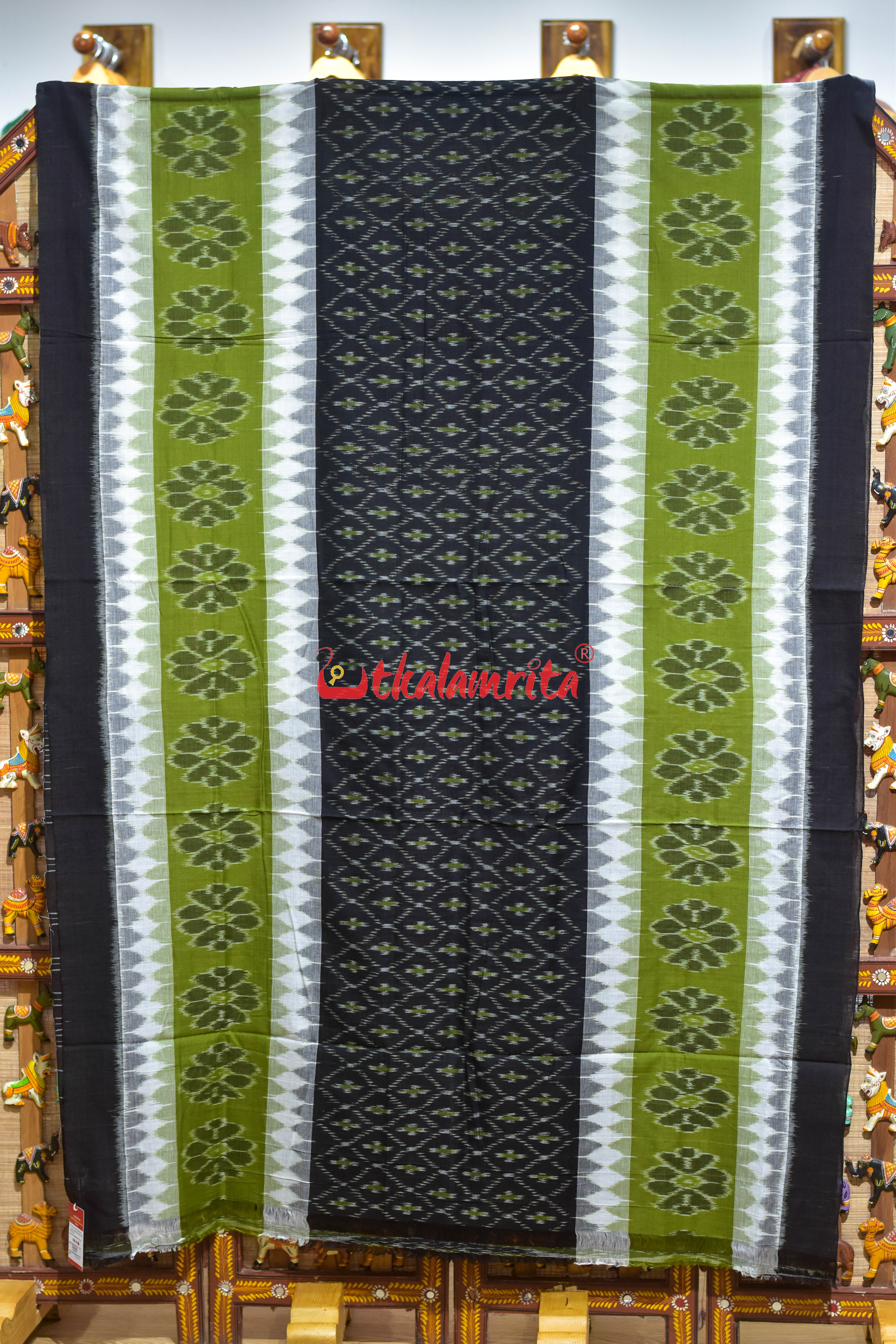 Green with 7D Black Body Bandha Khandua Cotton Saree