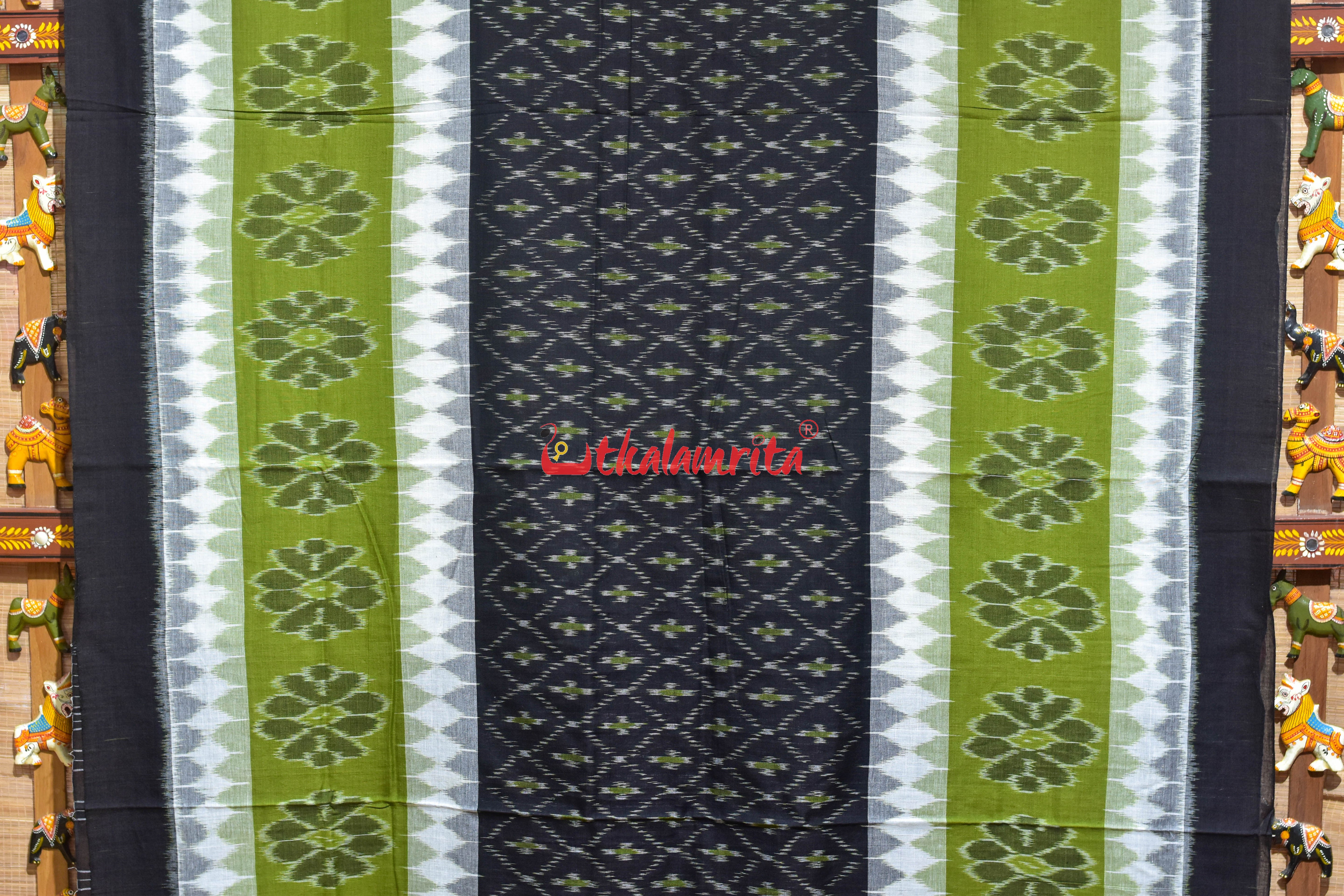 Green with 7D Black Body Bandha Khandua Cotton Saree