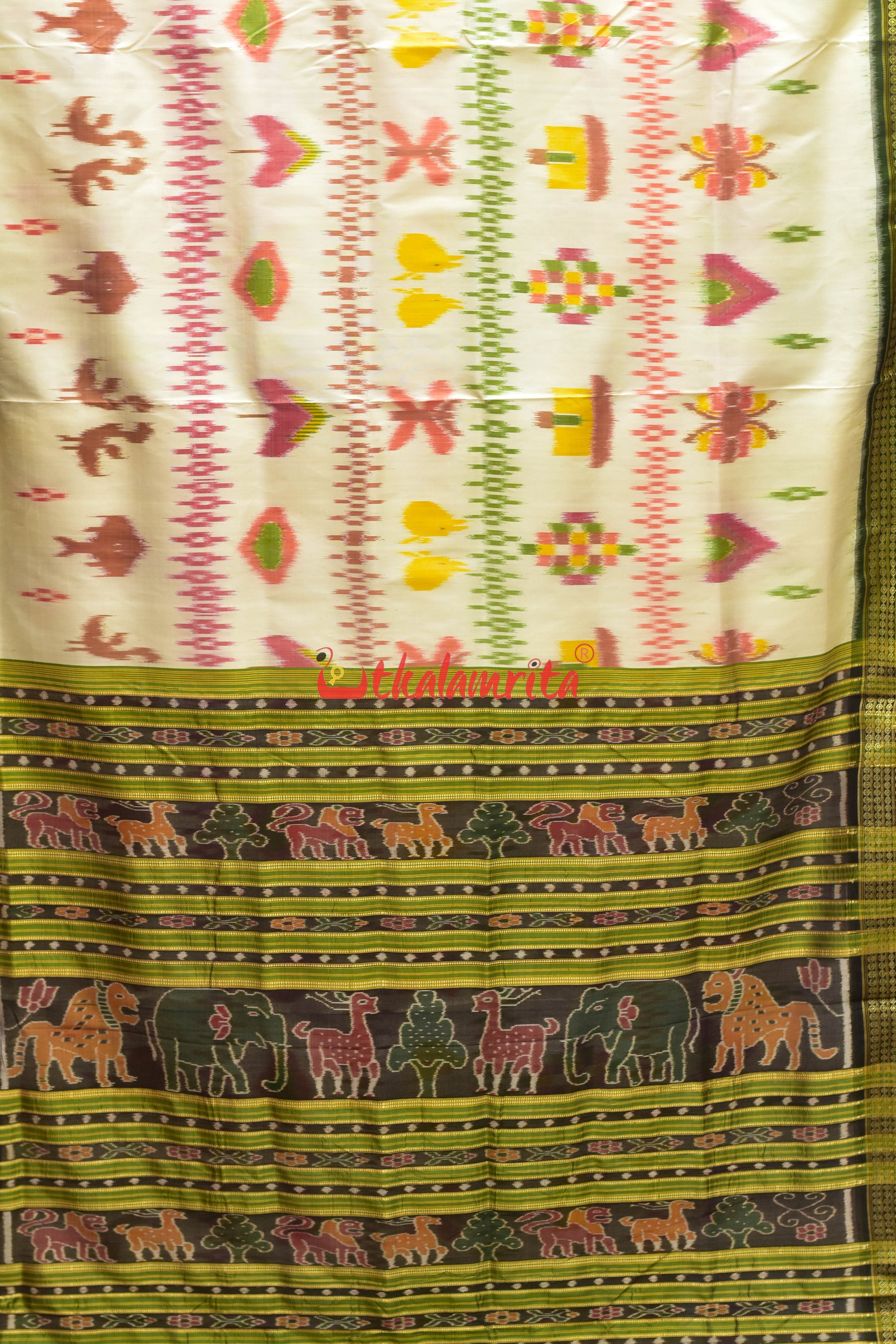 Off White Green Border Bandha Khandua Silk Saree