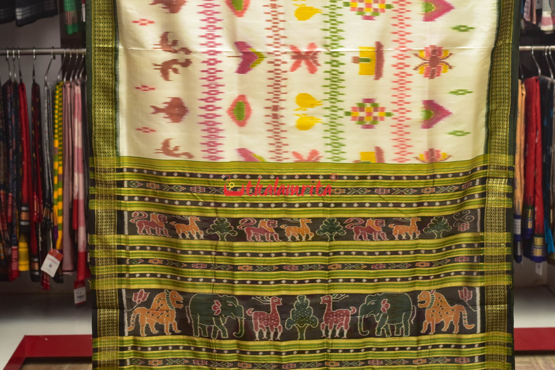 Off White Green Border Bandha Khandua Silk Saree