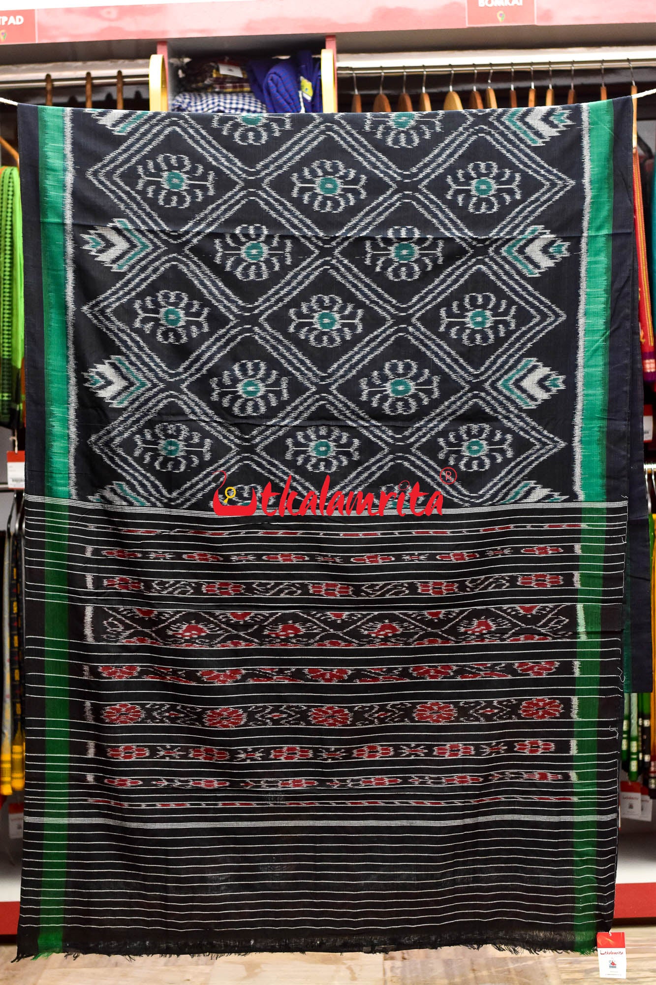 Black Green Flower Khandua Cotton Saree