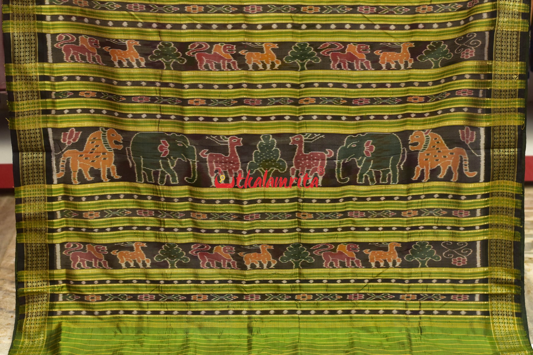 Off White Green Border Bandha Khandua Silk Saree
