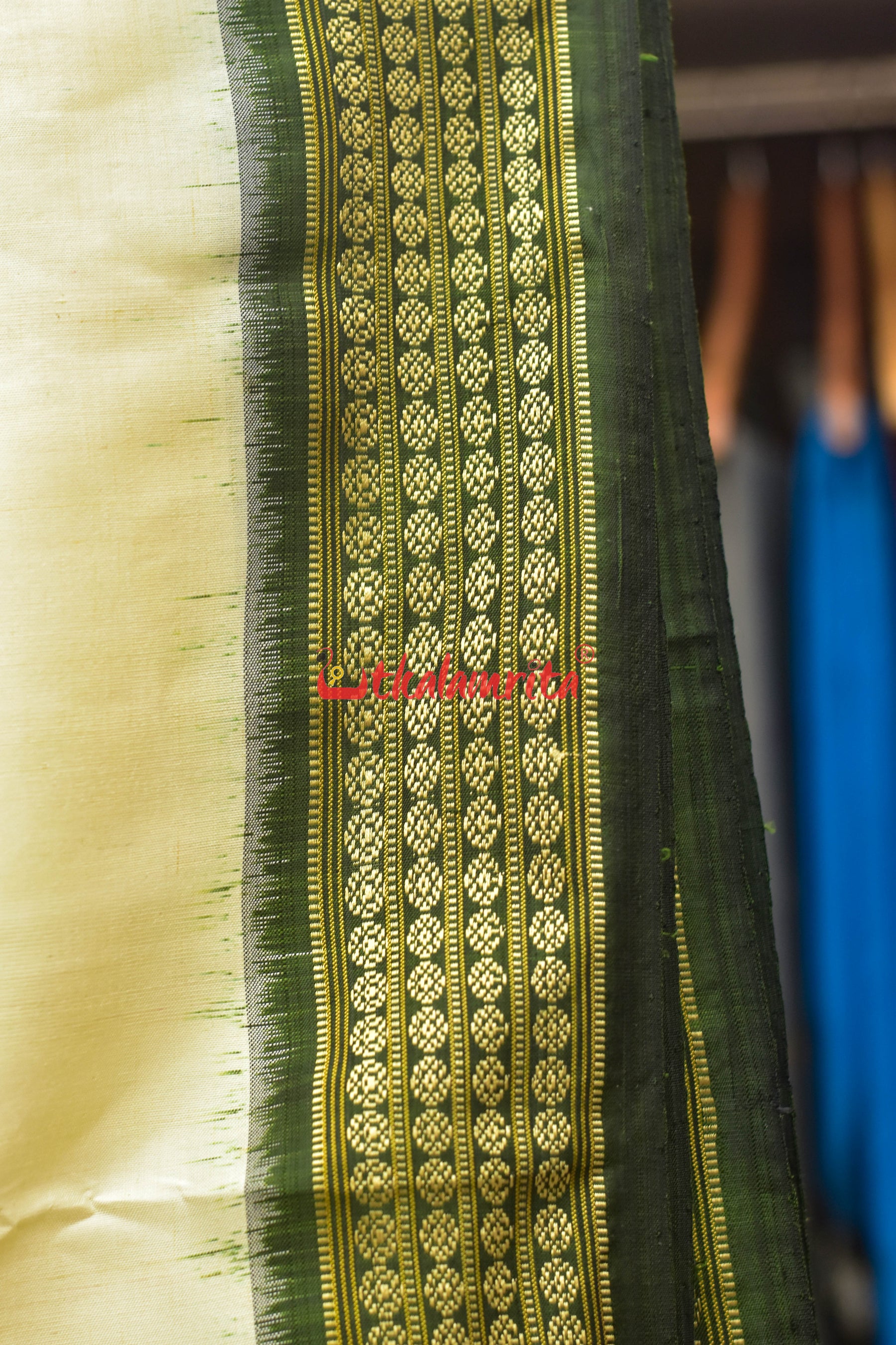Off White Green Border Bandha Khandua Silk Saree