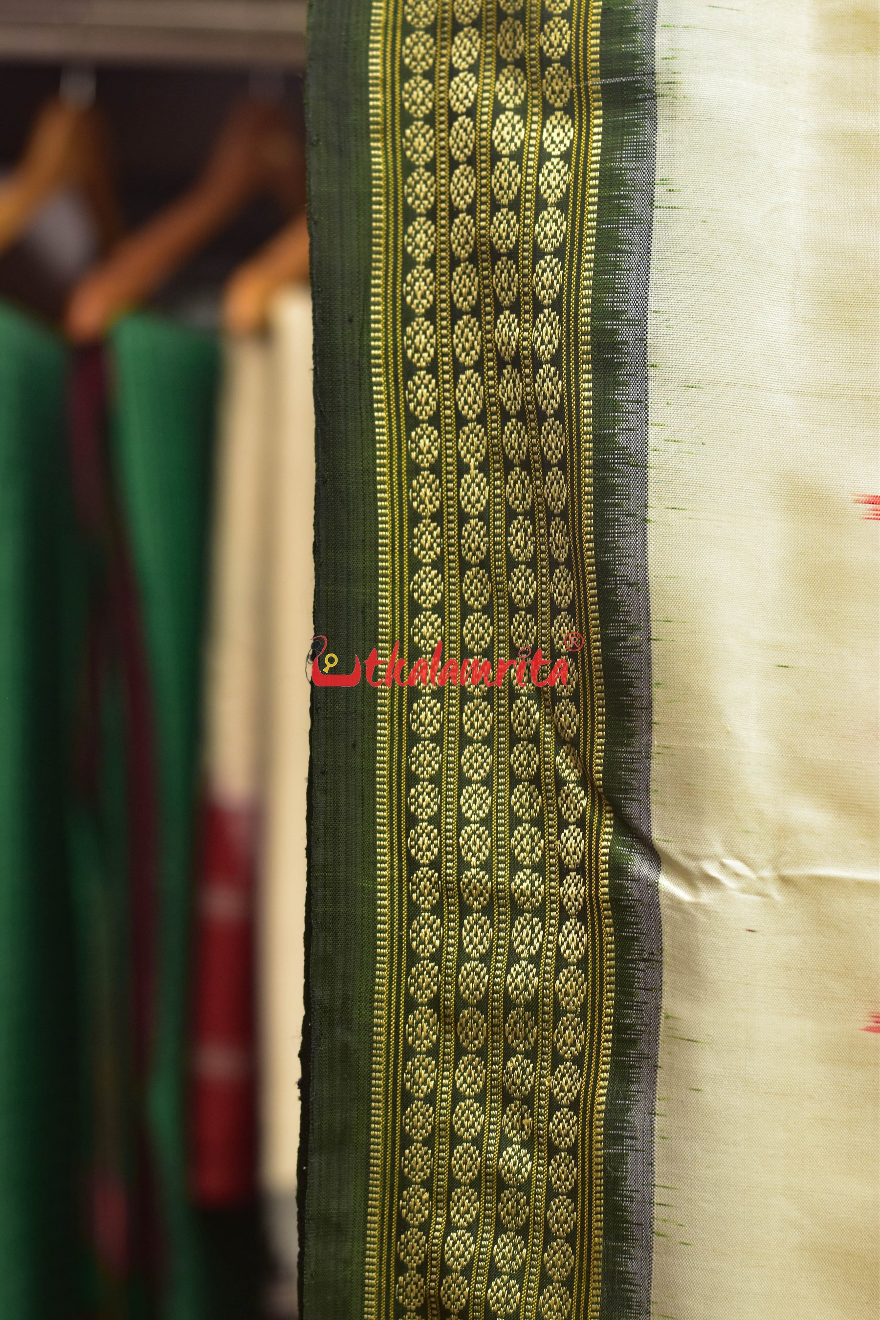 Off White Green Border Bandha Khandua Silk Saree