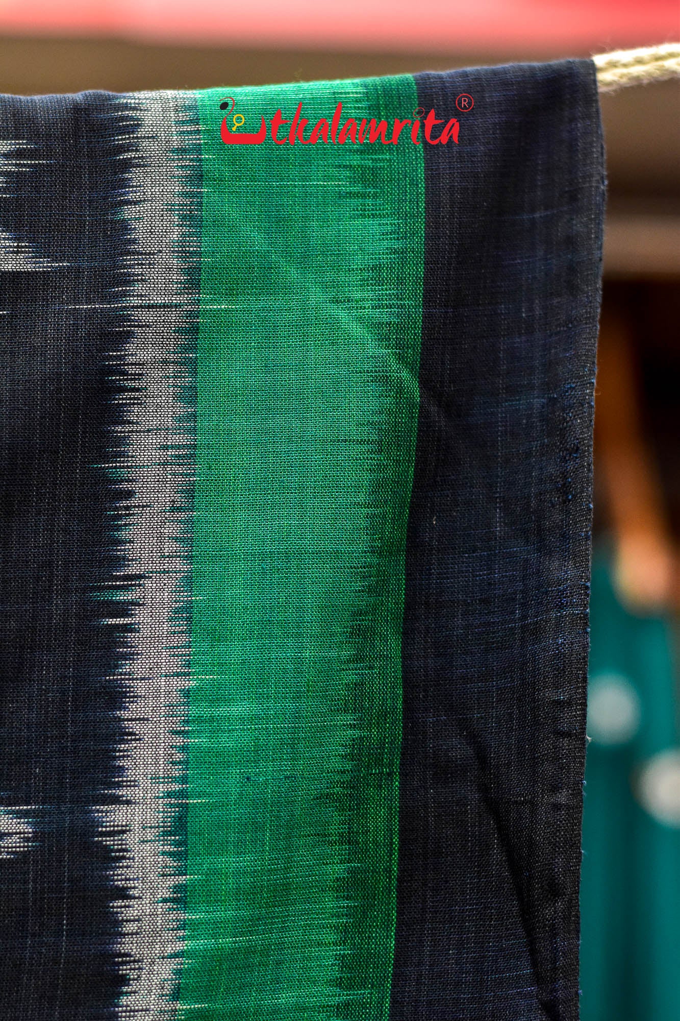 Black Green Flower Khandua Cotton Saree