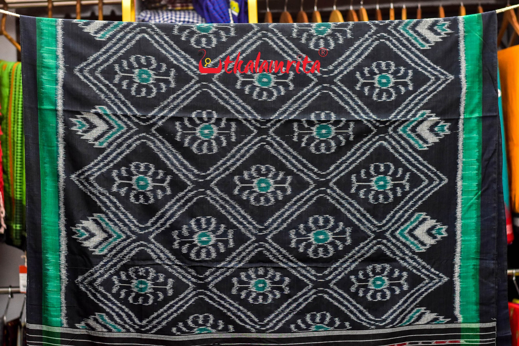 Black Green Flower Khandua Cotton Saree