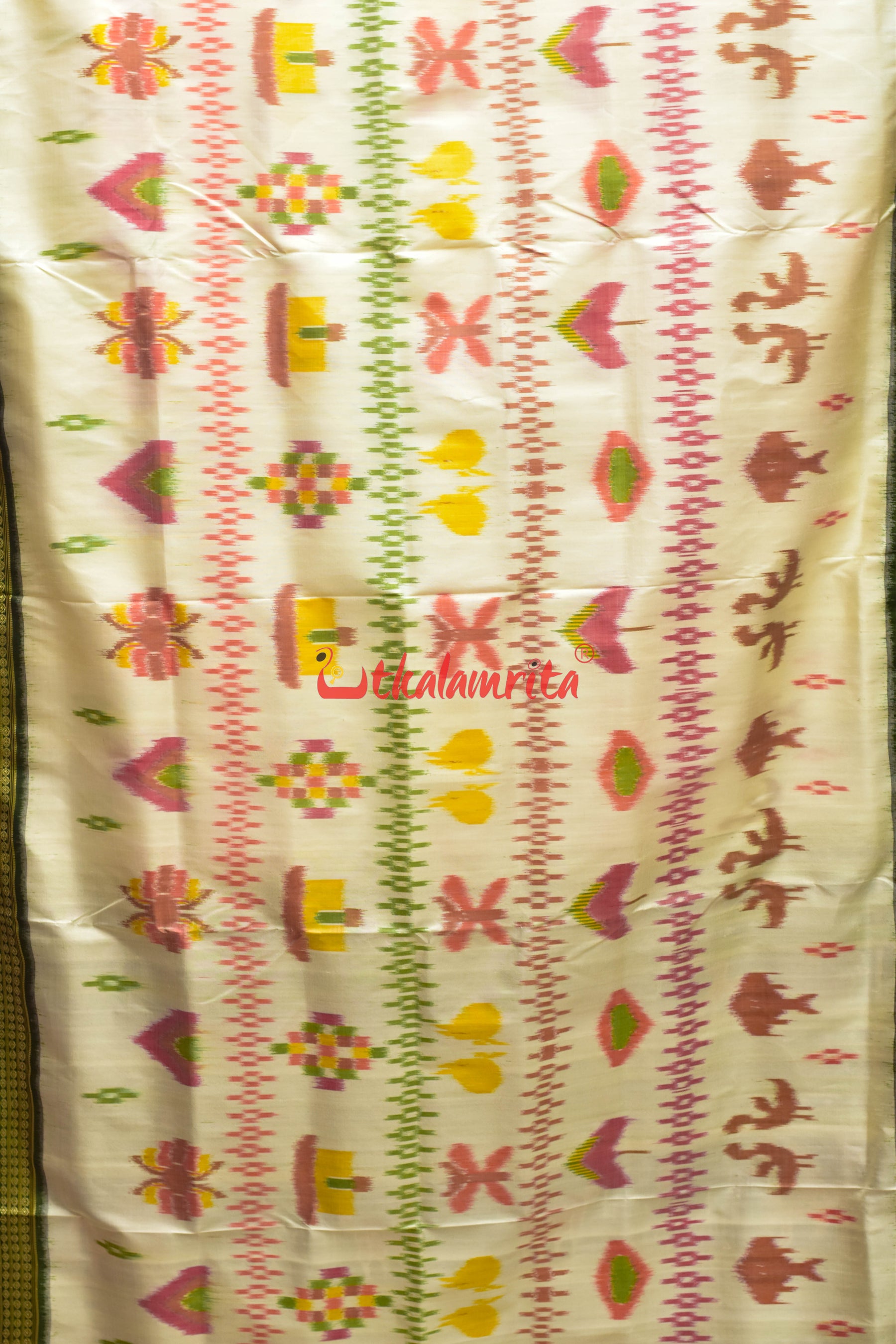 Off White Green Border Bandha Khandua Silk Saree