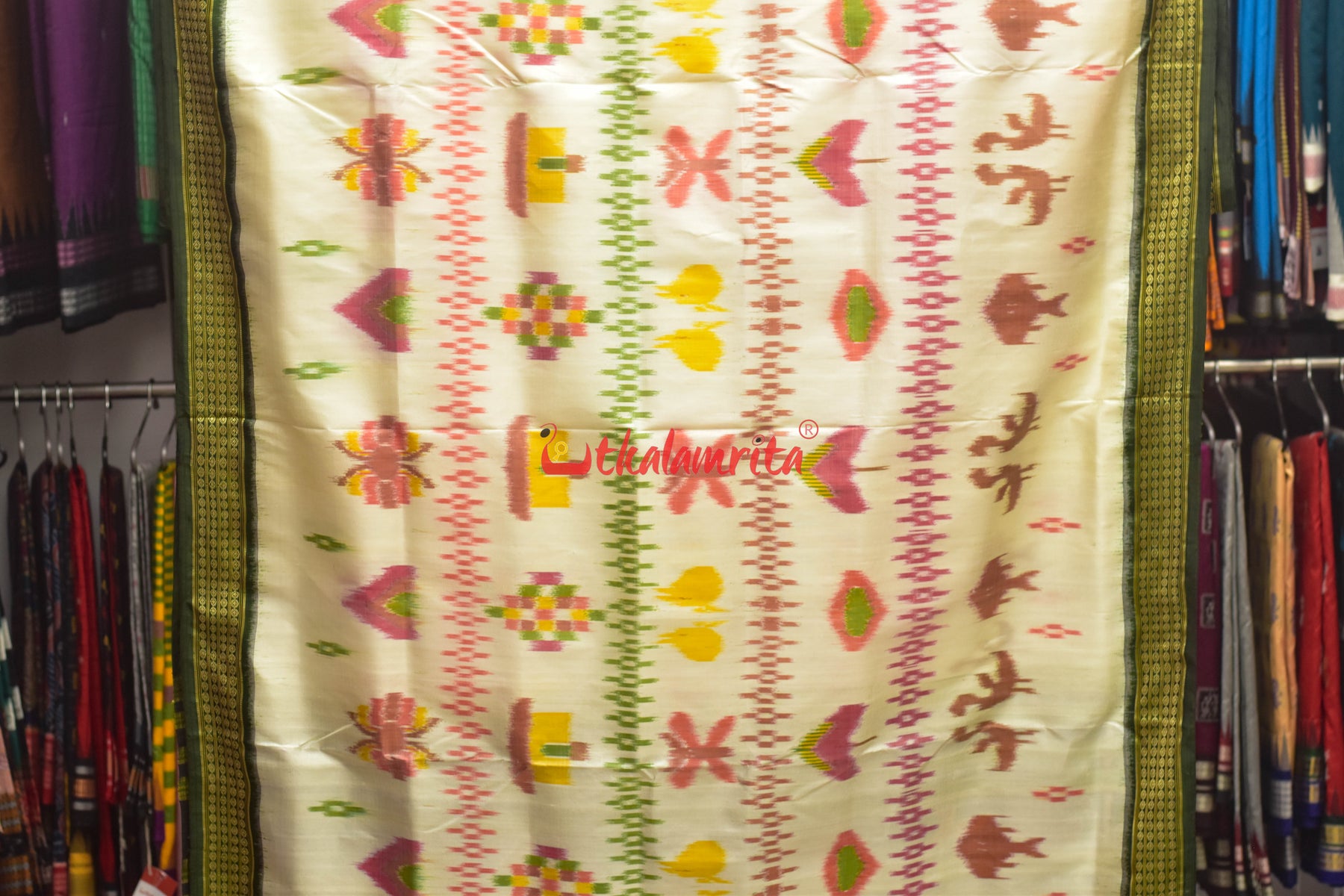 Off White Green Border Bandha Khandua Silk Saree