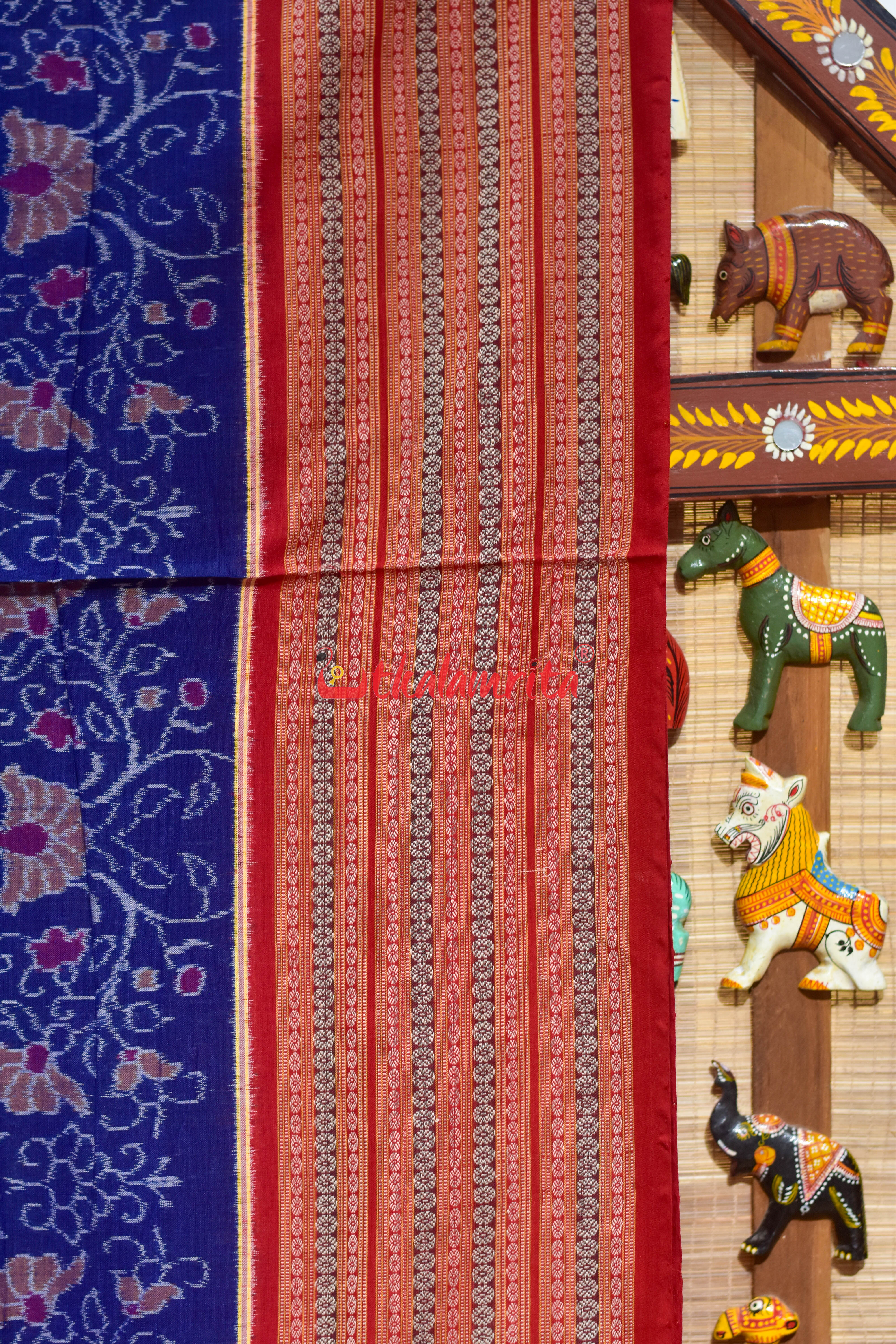 Blue Jungel Wide Border Sambalpuri Cotton Saree
