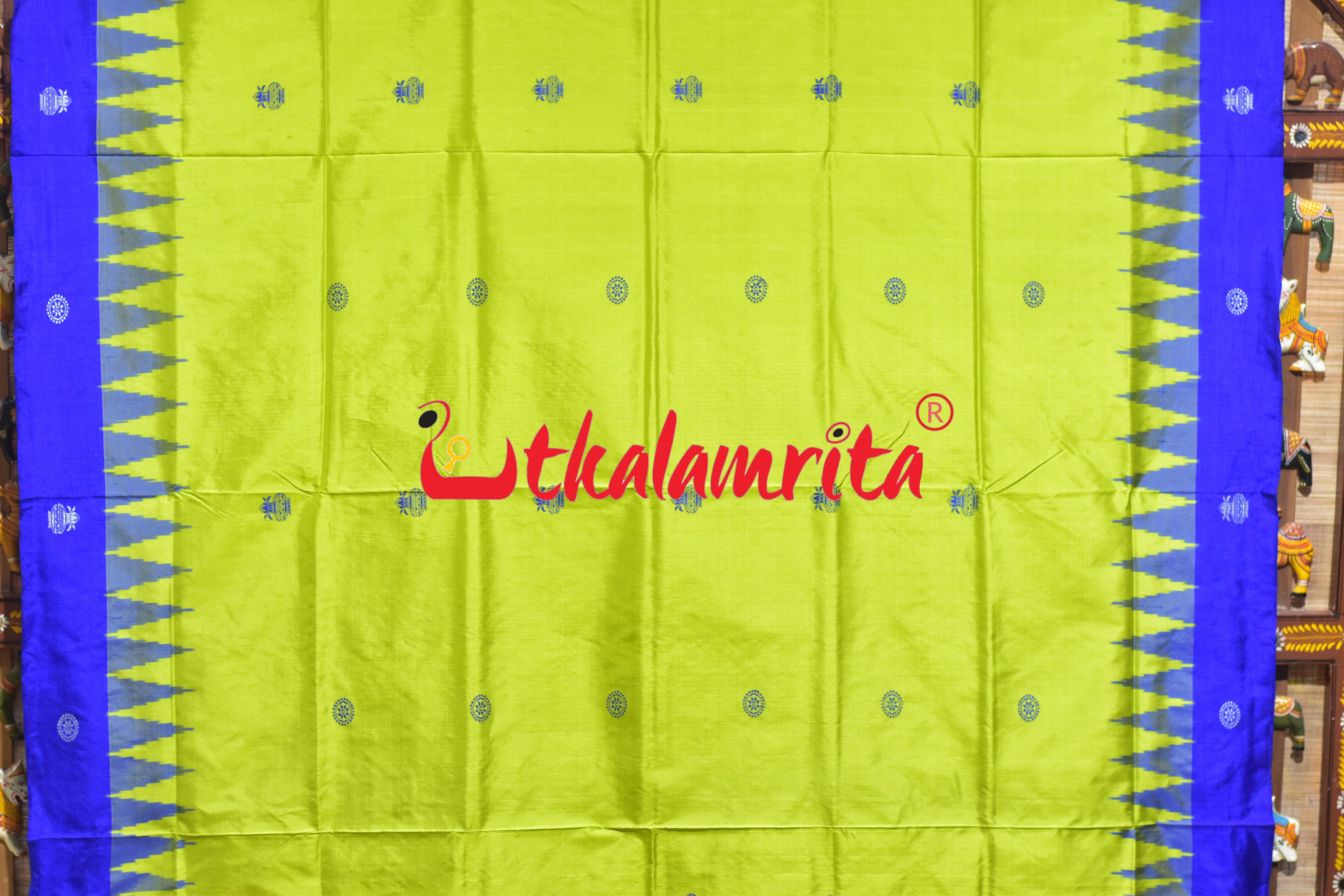 Neon Green Kalasa Blue Bomkai Silk Saree