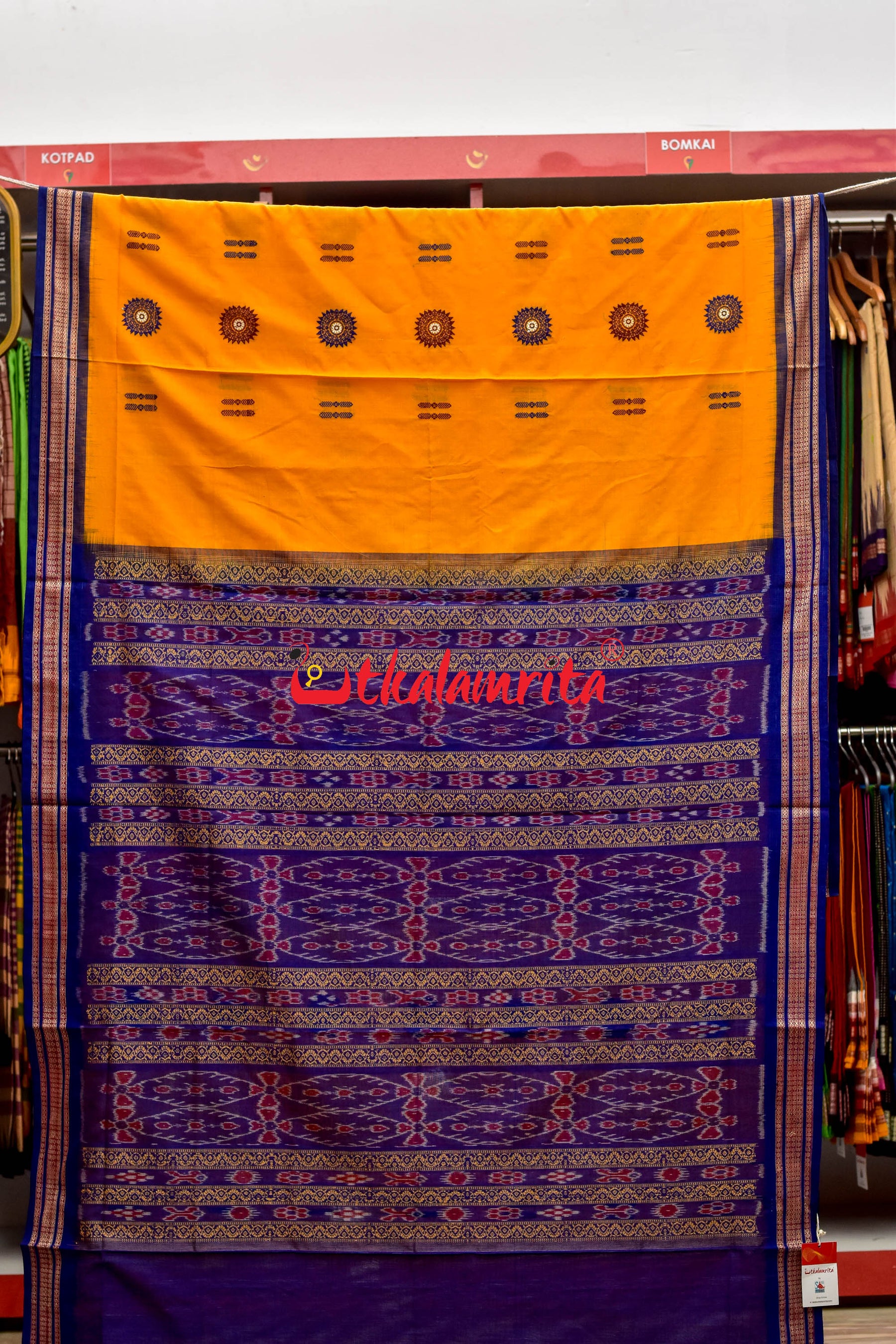 Mustard Blue Padam Bomkai Cotton Saree